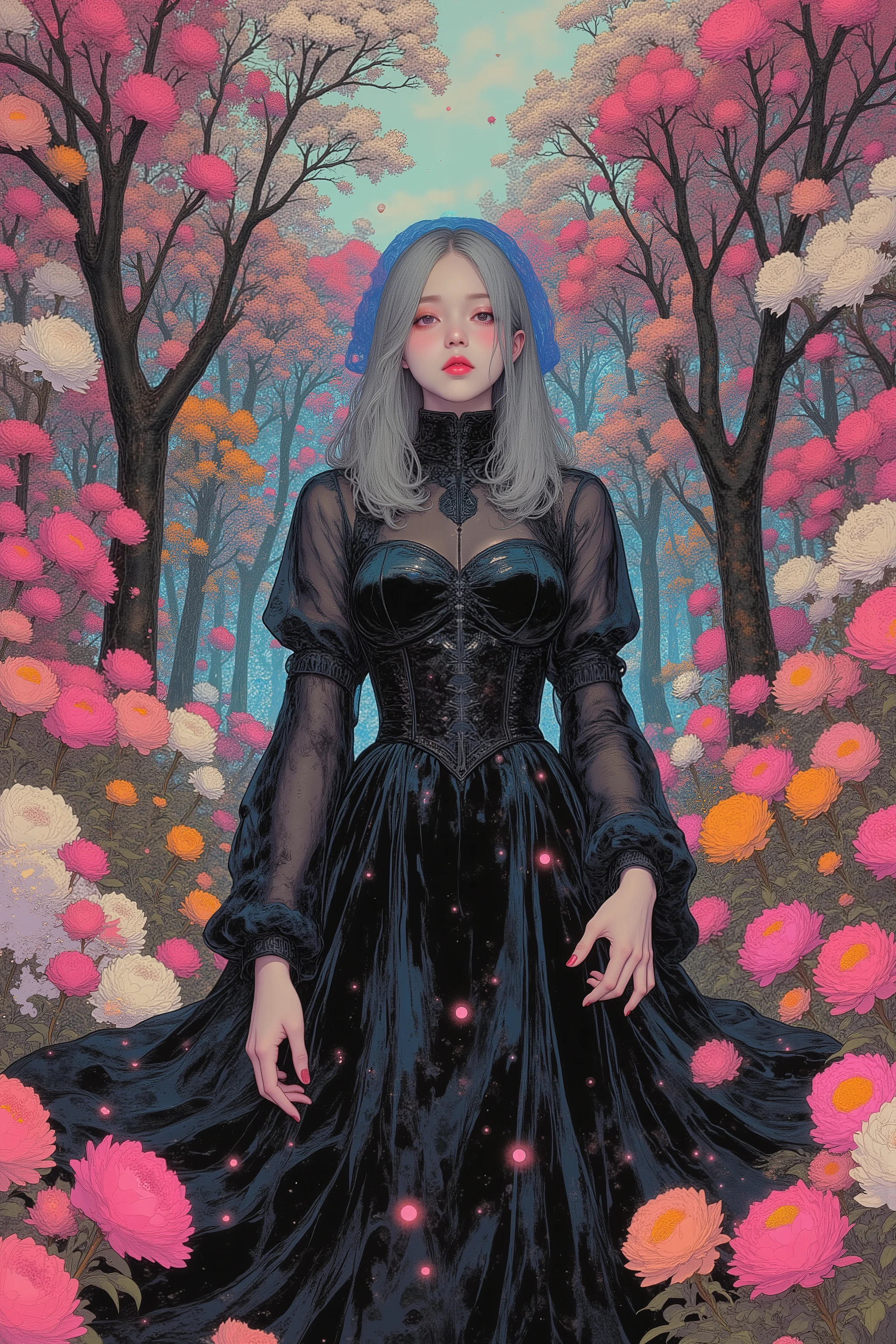 CMYK palette,CMYK palette, Woman in Mourning Dress ,gray hair, scattered juice ,Contemporary Artistic Collage, collage art work, , new album jacket , Great Work!! digital collage , collage art , Modern Collage , mixed media collage , High Resolution , Surrealism in Las Vegas ,asymmetry, visualization of the inner world of a mad spirit ,down to the last detail , Hidden Details , Radical Japanese Anime ,Resonance of Ripples , Surrounded by Colourful Peony Flowers,Futuristic Japanese Decor