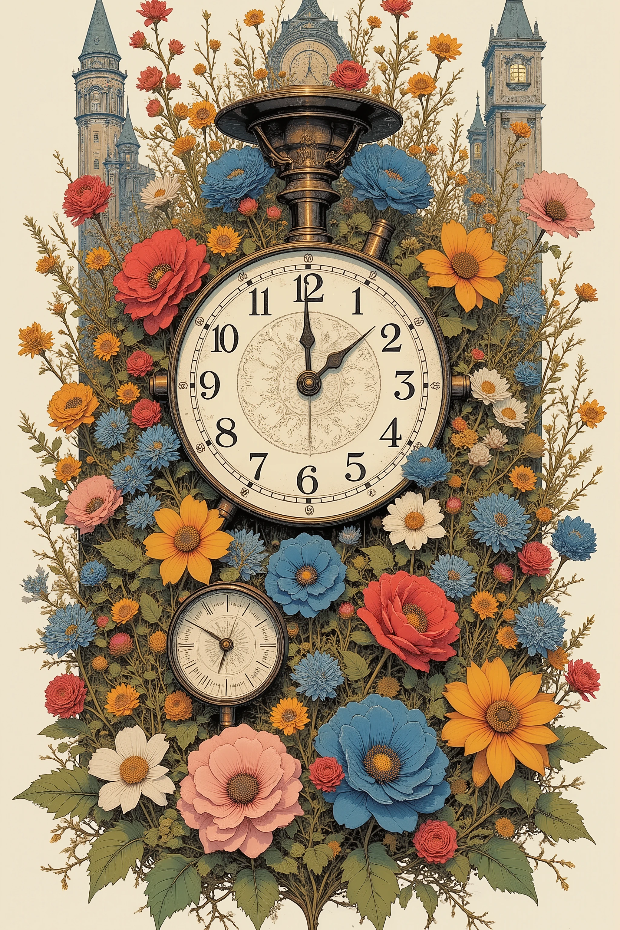 CMYK palette, printed poster style, matte ink, offset print aesthetic,collage,flower,clock