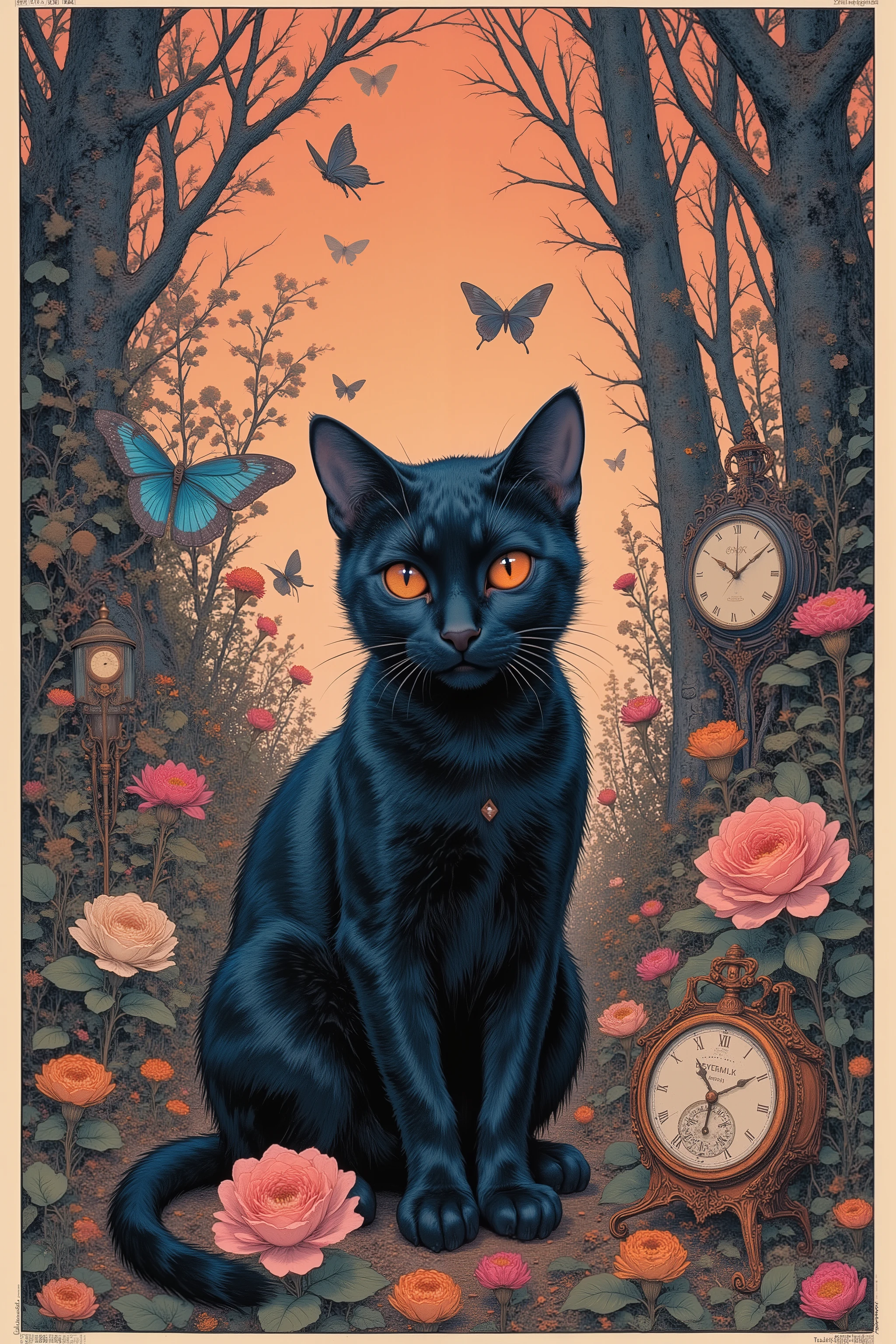 CMYK palette, printed poster style, matte ink, offset print aesthetic,collage,flower,clock,small black cat,butterfly