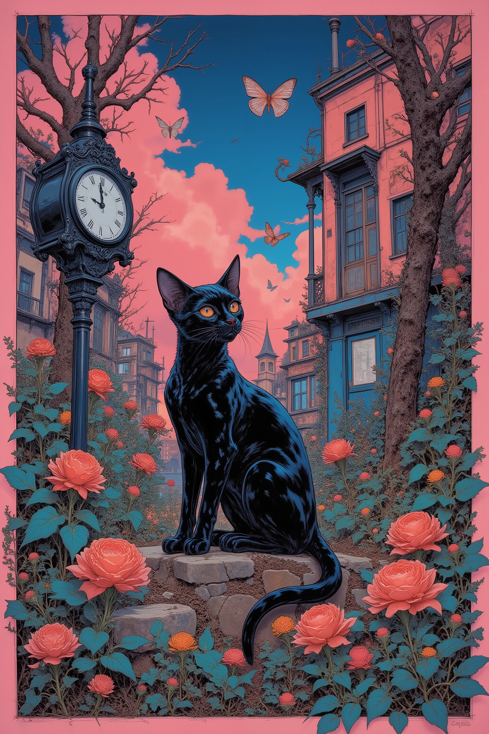 CMYK palette, printed poster style, matte ink, offset print aesthetic,collage,flower,clock,small black cat,butterfly