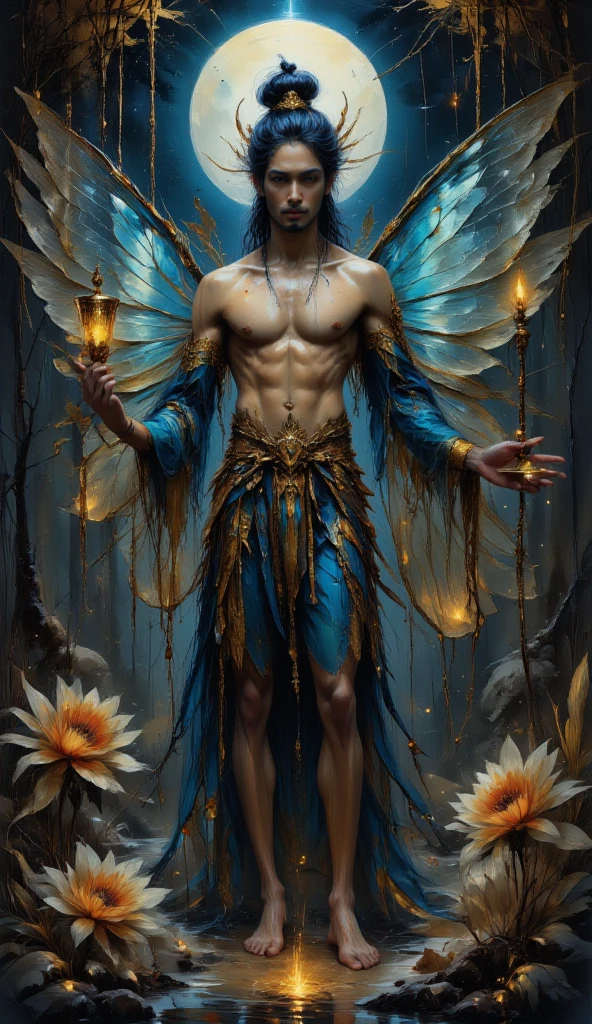 wide shot of a (Male Warden:1.3) , Energizing and Tropical, his hair is Royal Blue, Emerald Green and Gold, (stylized by Tomasz Alen Kopera:0.9) , Surrealistic painting, intricate and detailed imagery, exploration of the subconscious and dreamlike realms, baroque, intricate details, made out of iridescent flower petals, <lora:PinkieIriFlwrsSDXL-000004:1>, p1nk1r1fl0wers, cinematic light, highly intricate, confident, rich vivid colors