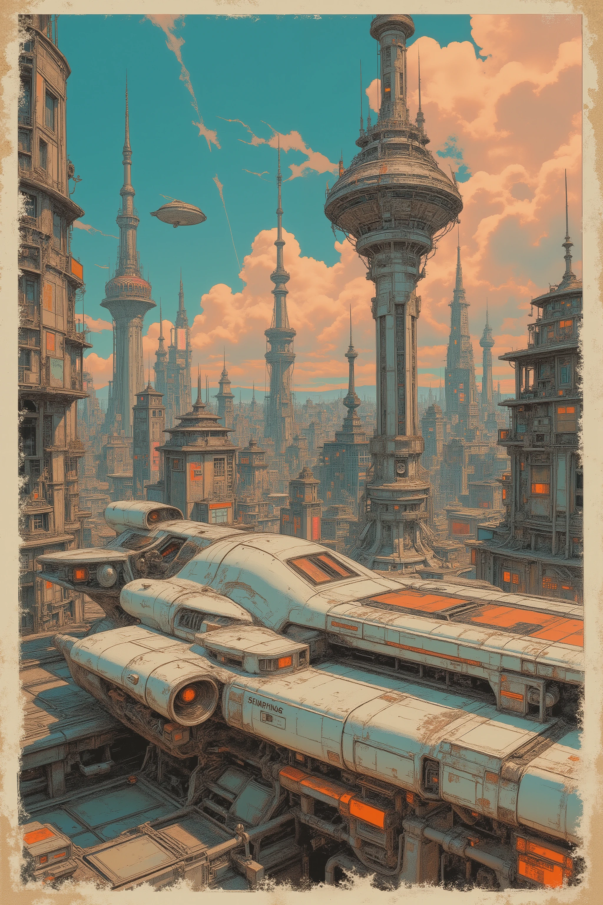 rétro SF art illustration, CMYK color scheme, vintage magazine print, subtle ink bleed