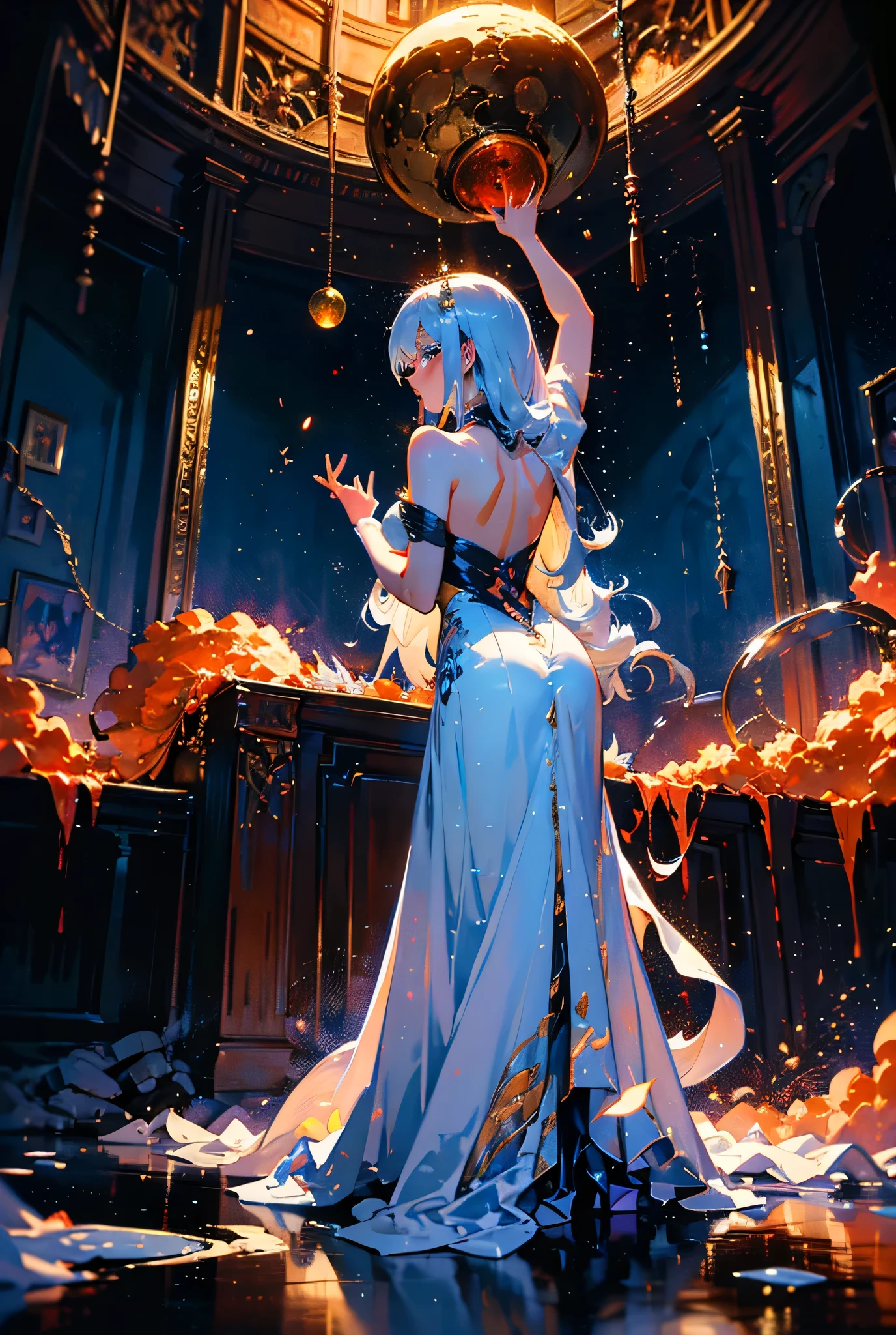 A photorealistic 3D artwork of a stunning female sorceress with a bright red and silver theme inspired by fiery embers and radiant moons. Her long, flowing hair, molten silver in color, cascades down her back, shimmering like moonlight. Her eyes, vivid crimson red, glow with an intense, otherworldly light, exuding a powerful and mysterious aura. She stands in a dramatic pose, both arms raised as she unleashes a grand, awe-inspiring spell. Swirling streams of magical energy, in vivid red and gleaming silver, spiral from her hands, illuminating the scene with radiant light. Her elegant gown, crafted from metallic, shimmering fabric, mirrors the fierce red of glowing embers, flowing majestically around her. The background is filled with dynamic, swirling fractal patterns inspired by molten lava and lunar craters, amplifying the sense of magical power and grandeur. The entire composition is rich in contrast and texture, with a magical, surreal quality that brings the sorceress and her spell to life in a dramatic interplay of metallic silver and vivid red.