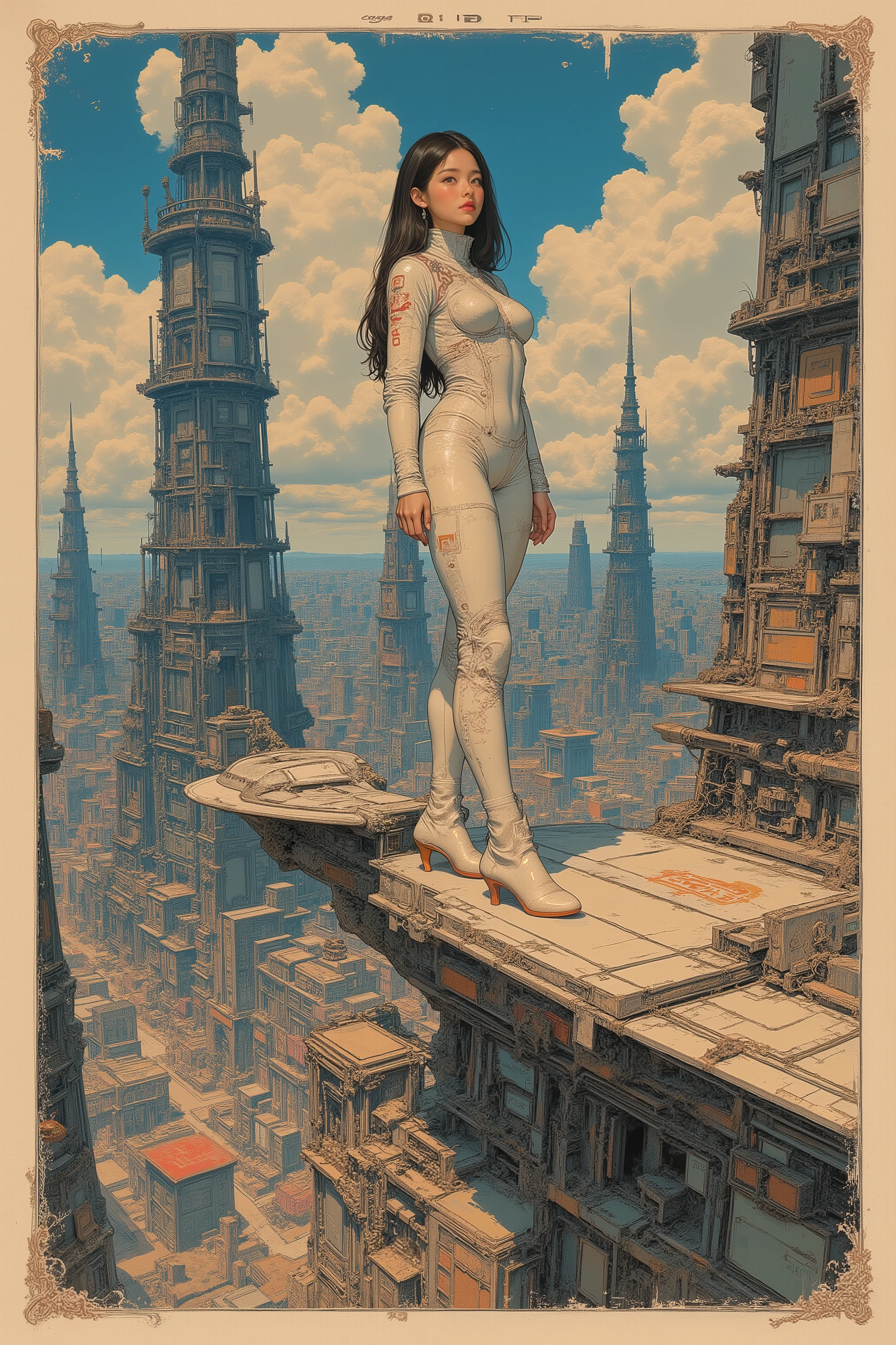 rétro SF art illustration, CMYK color scheme, vintage magazine print, subtle ink bleed