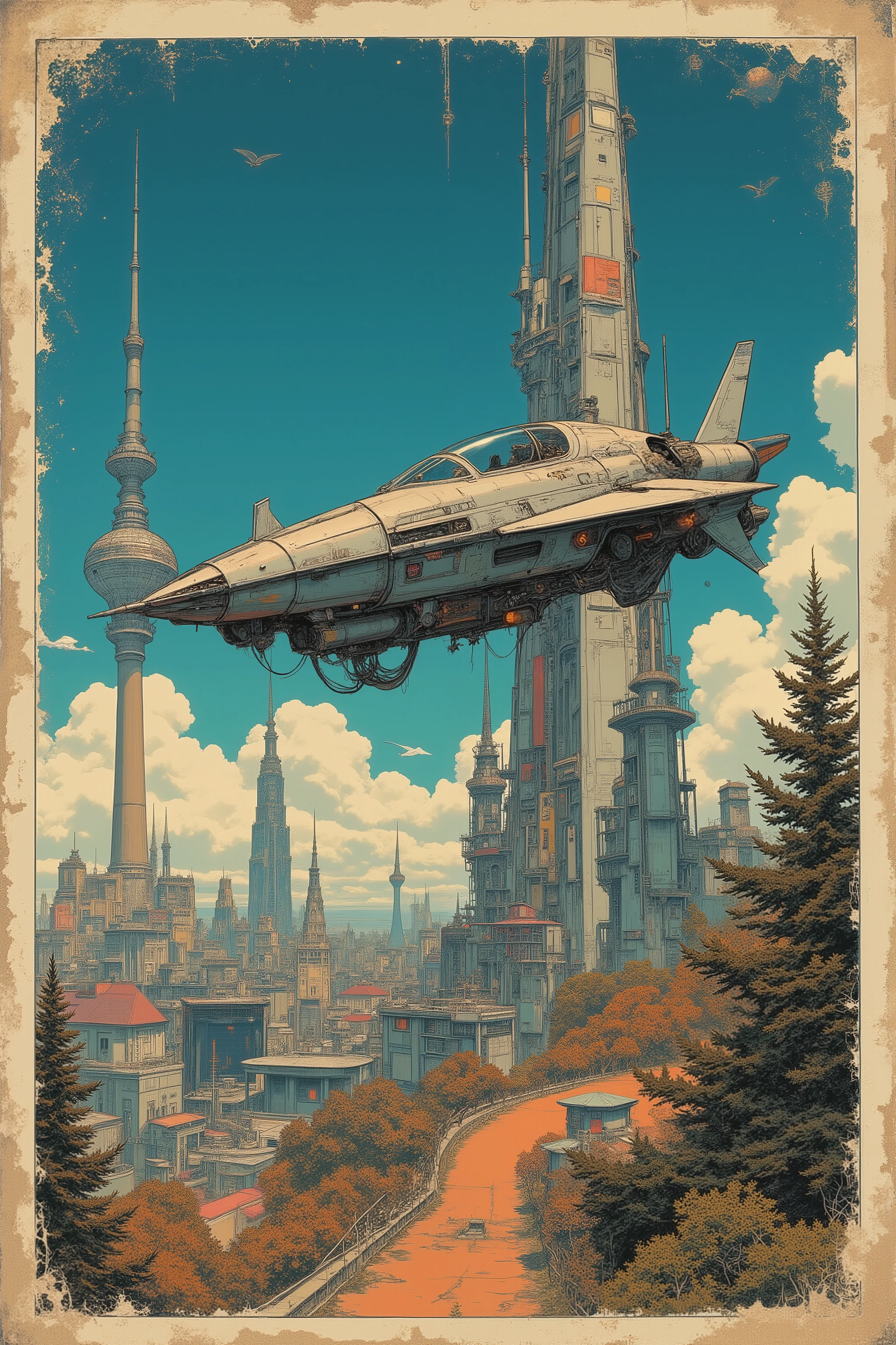 rétro SF art illustration, CMYK color scheme, vintage magazine print, subtle ink bleed