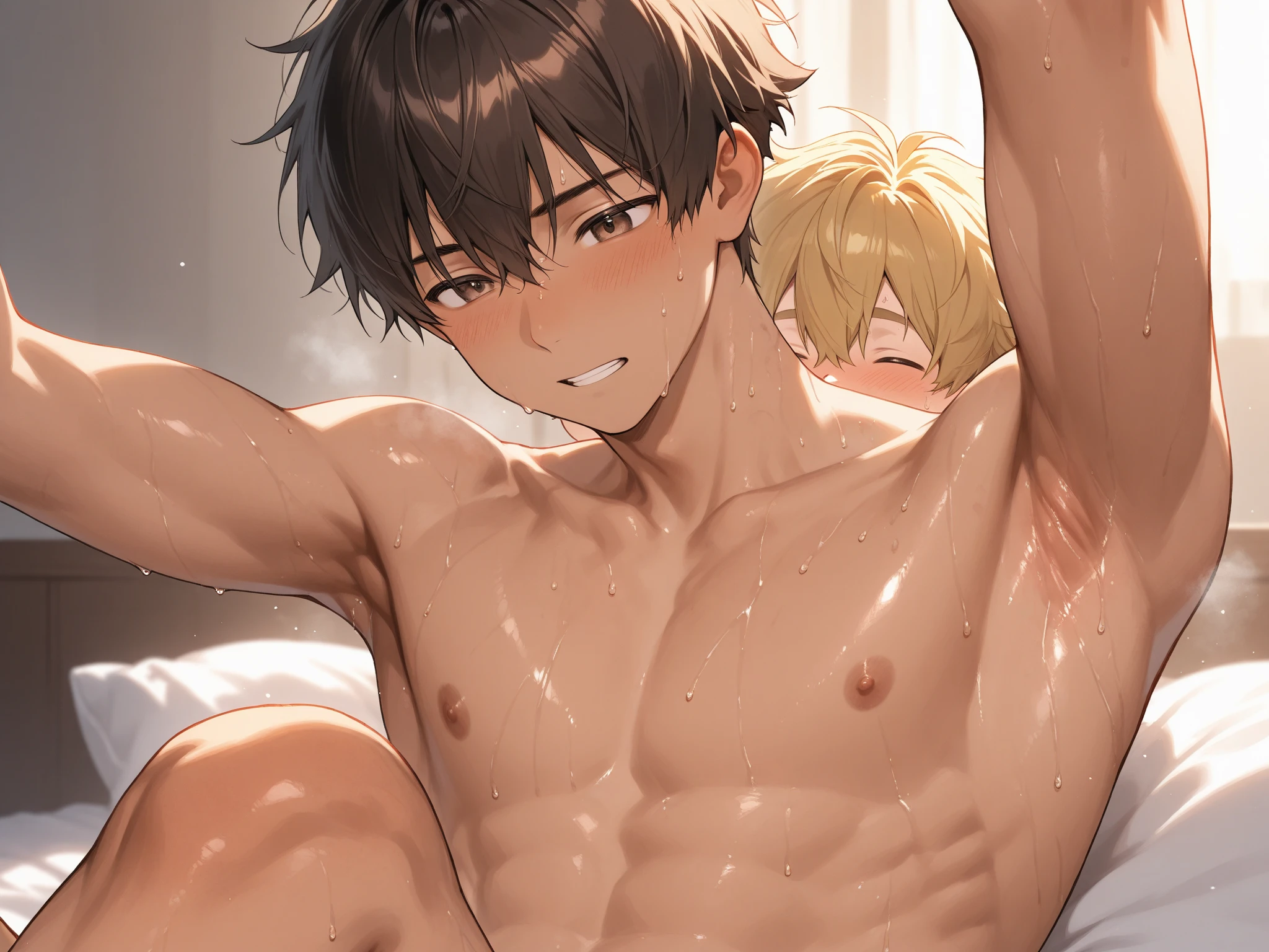 femboy、Leg spread、Male organ、、、Feminine body、Right hand in 、Left hand 