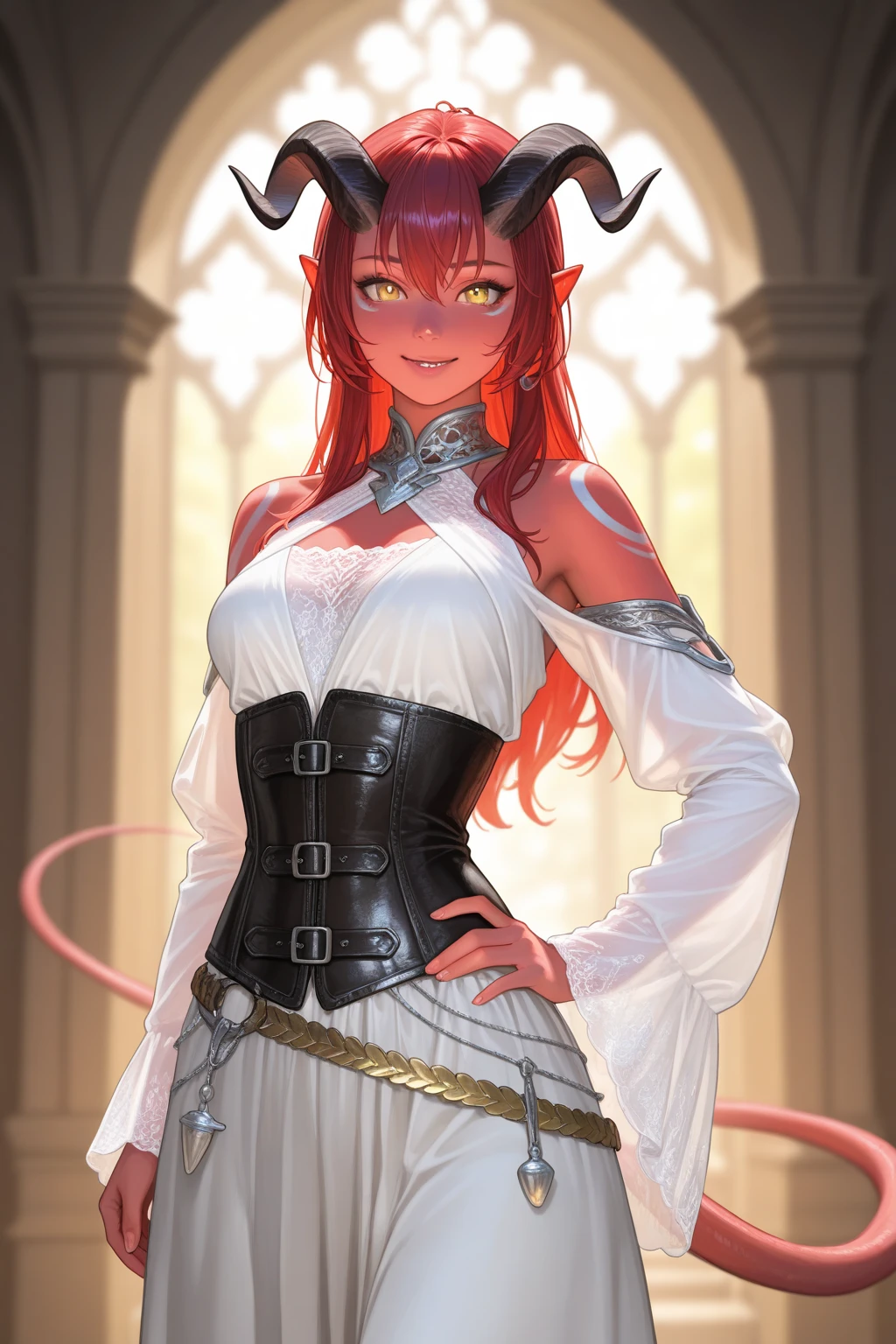 score_9,score_8_up,score_7_up,
Clergyxl,pointy ears,hair over eyes, orange hair flat chest,smile,teeth,long hair,hips,
 shoulders, light pink strapless dress,pearl earrings,wrist cuffs,wristband,neck brace, horns, corset, church,underworld,