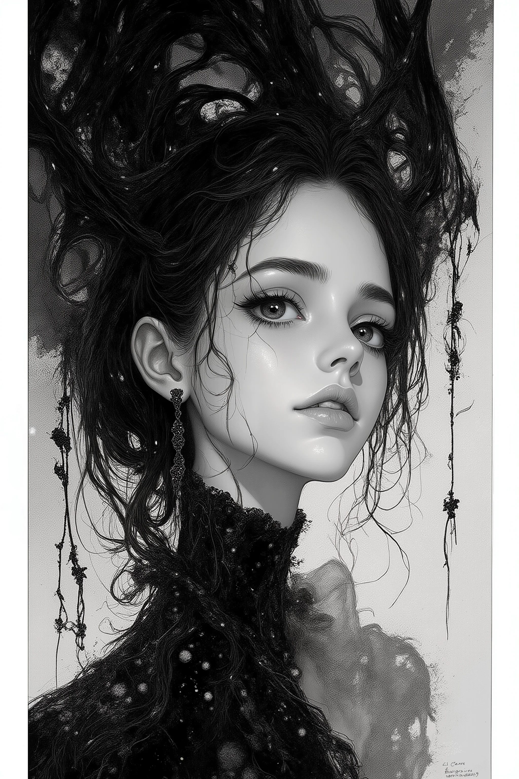 black and white,detailed lineart portrait of a gothic girl in fog, high line density, subtle grayscale tones, fine ink hatching, dark shadows, mono sketch style