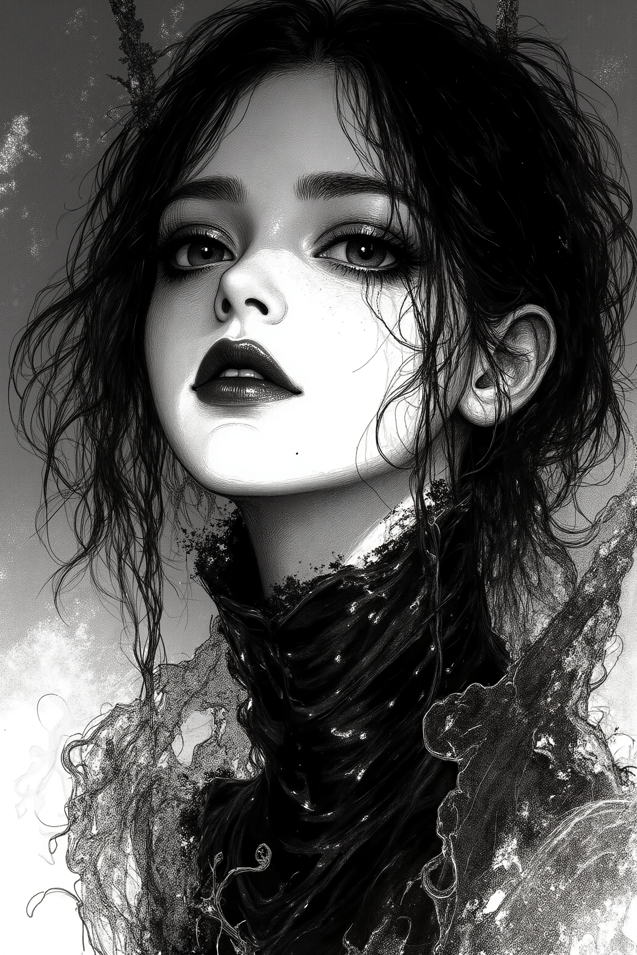 black and white,detailed lineart portrait of a gothic girl in fog, high line density, subtle grayscale tones, fine ink hatching, dark shadows, mono sketch style
