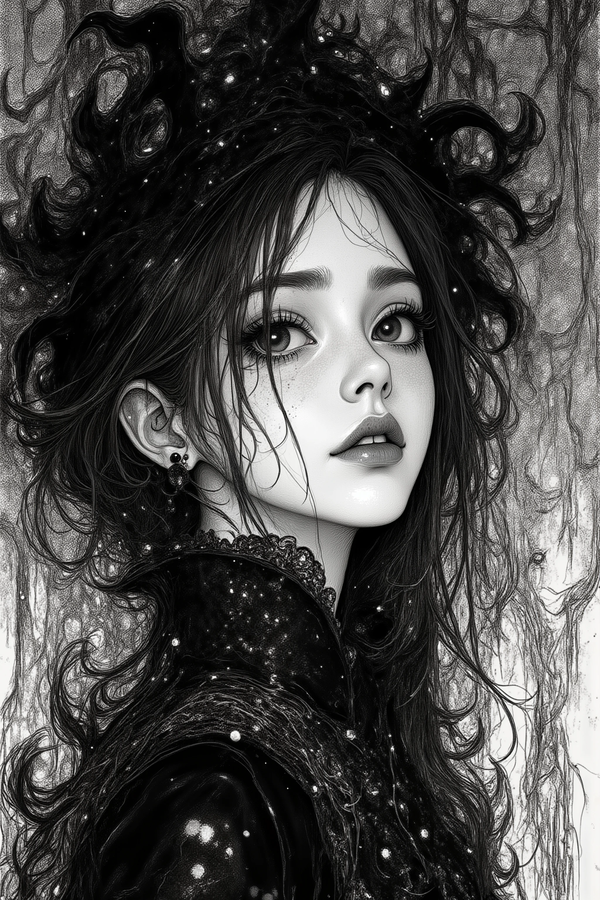 black and white,detailed lineart portrait of a gothic girl in fog, high line density, subtle grayscale tones, fine ink hatching, dark shadows, mono sketch style