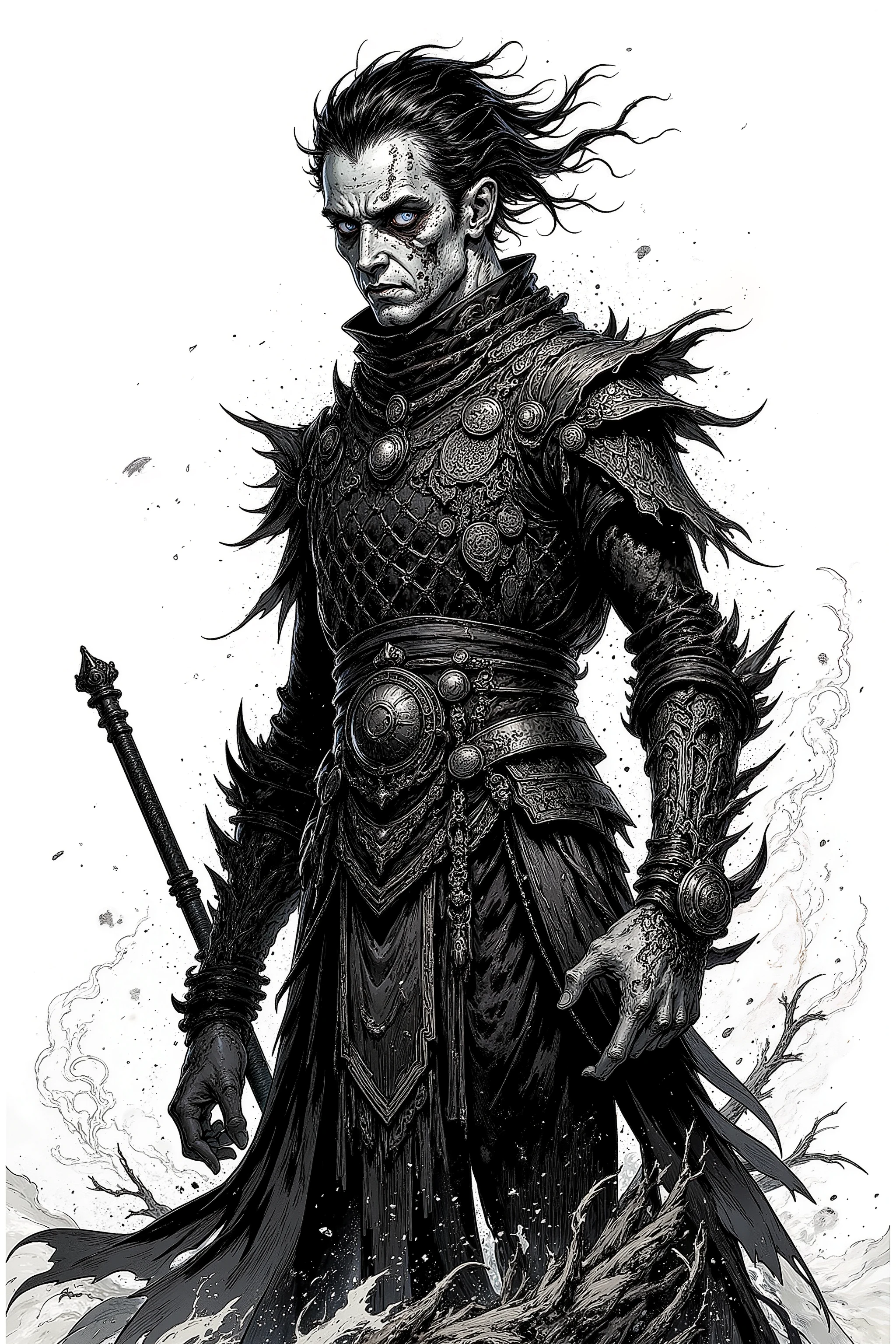 black and white,dark fantasy warrior with scarred face, deep black ink shadows, scale skin texture, low saturation palette, high detail linework, mono sketch style