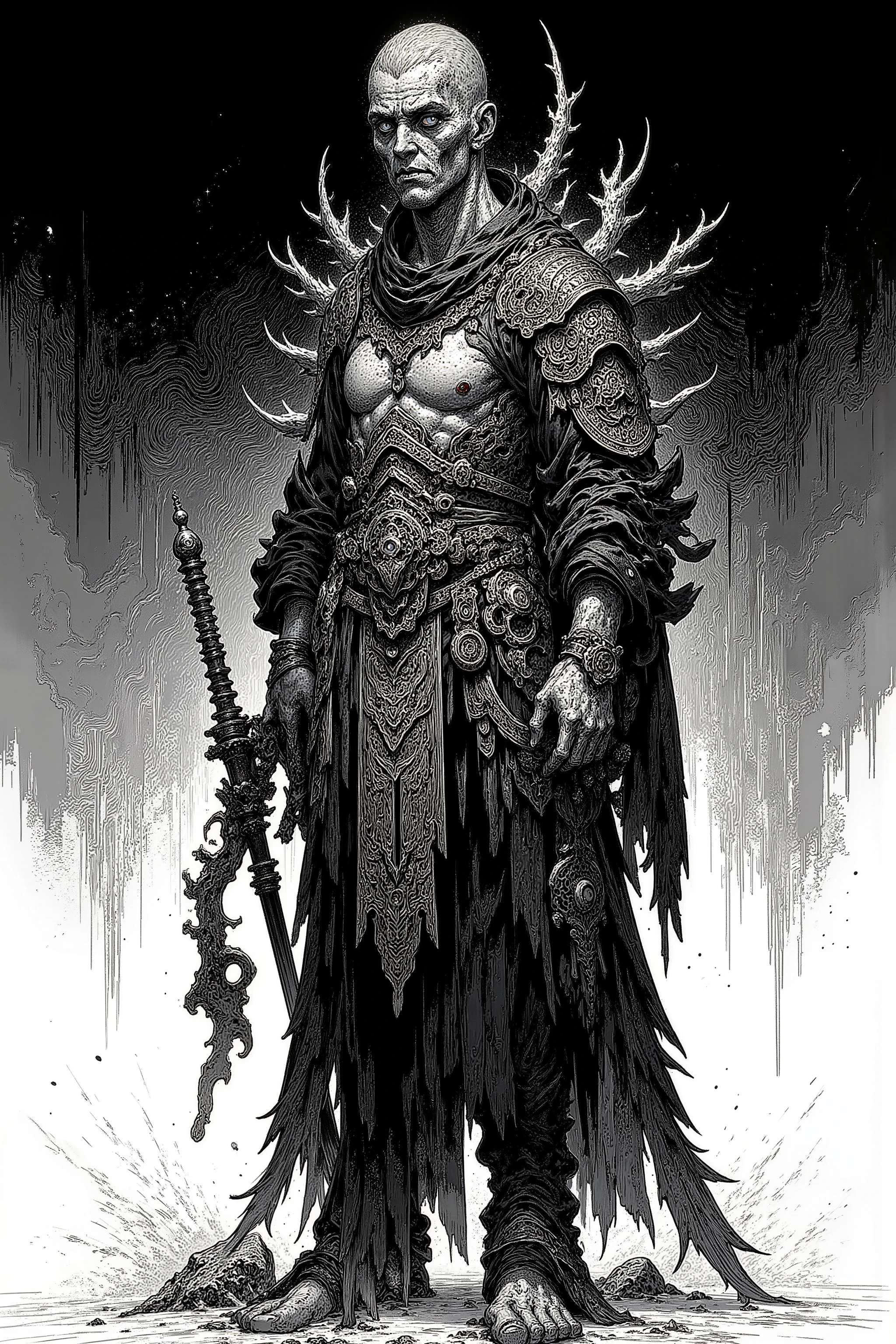 black and white,dark fantasy warrior with scarred face, deep black ink shadows, scale skin texture, low saturation palette, high detail linework, mono sketch style