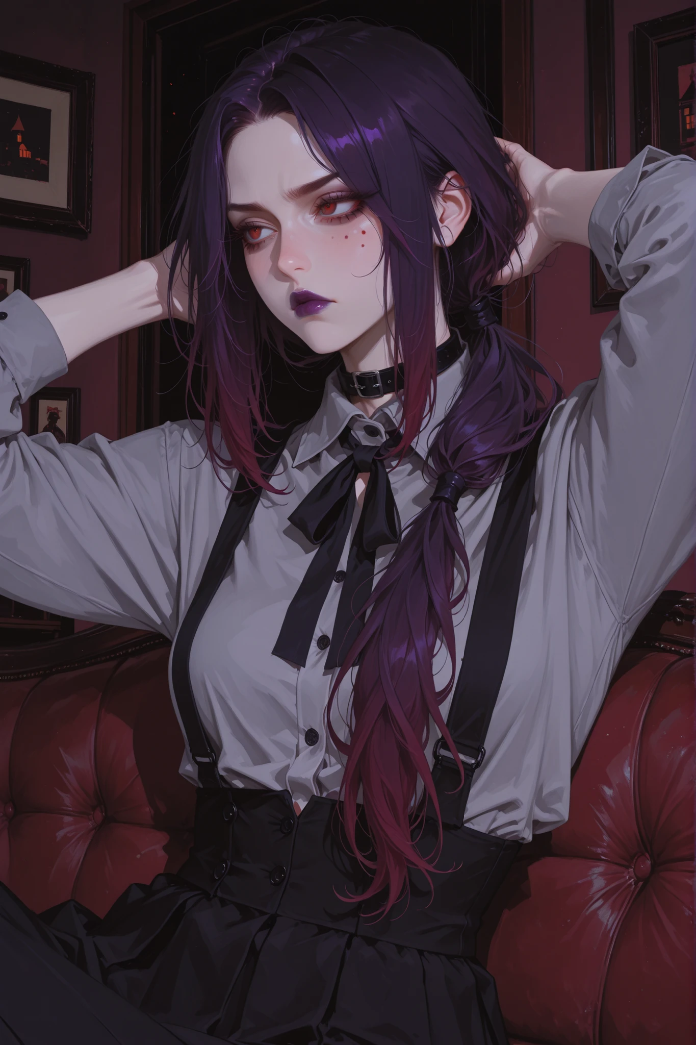 anime style, anime coloring, 8k, HDR, extremely detailed face and eyes, beautiful face and eyes, solo, beautiful, cool, masterpiece, top quality, great quality, pose, background, highres, matte colouring, flat colouring, matte skin, 1girl, young woman, dynamic hair, dynamic clothes, burgundy eyes, multicoloured hair, gradient hair, dark_purple hair, dark_red highlights, centre parted hair, low ponytail, long ponytail, sharp eyeliner, dark_purple lipstick, small brown beauty mark above lips, offended look, pouting, hands in hair in furious panic, grey shirt with unbottoned collar, black suspender dress, black stud collar, stylish modern apartment, sitting on couch, modern vampire house, side angle, disapproving look