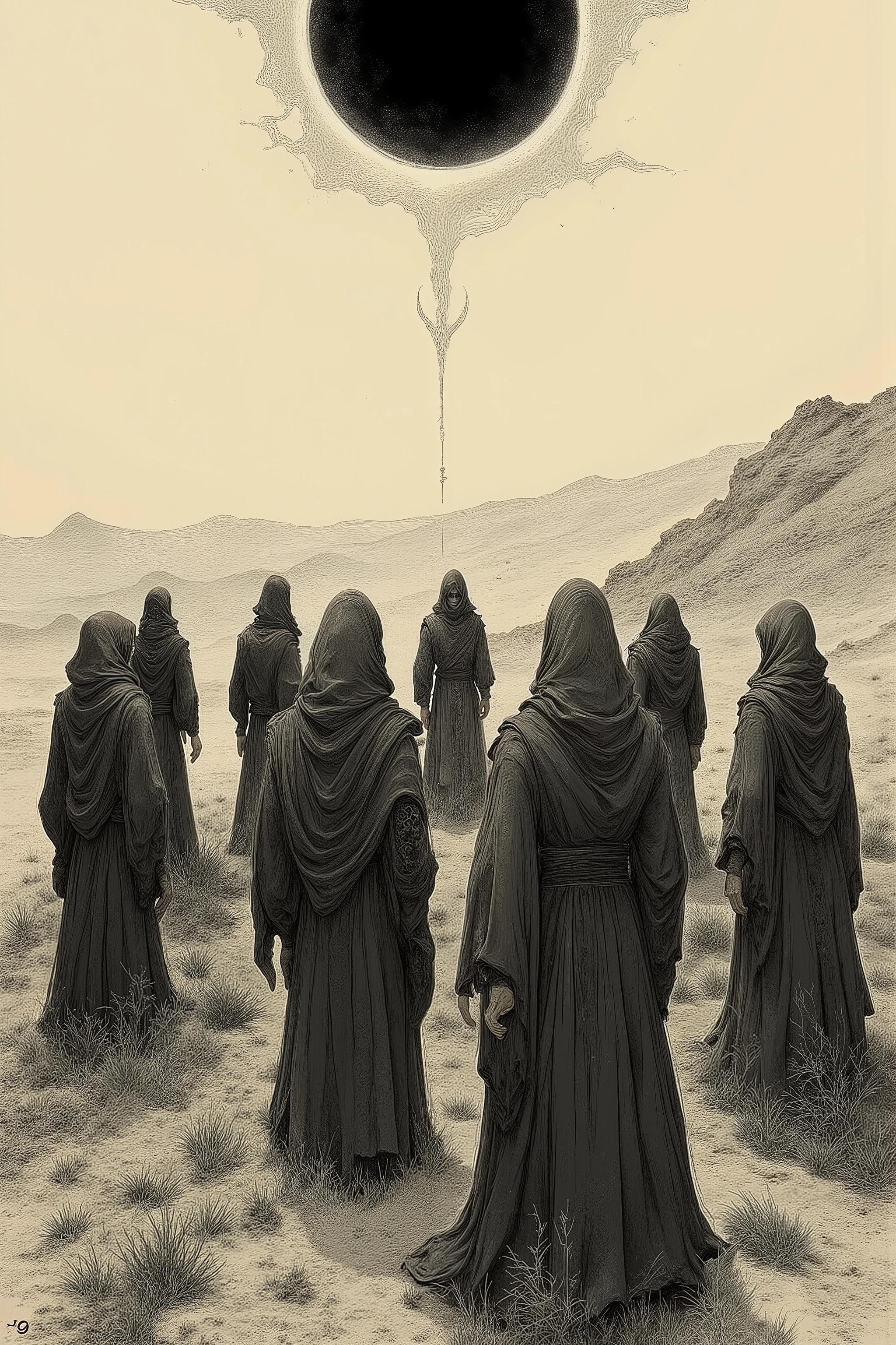 eclipse ritual scene with hooded figures, desaturated earth tones, layered shadows, precise stroke variation, mono sketch (mono sketch:1.1)