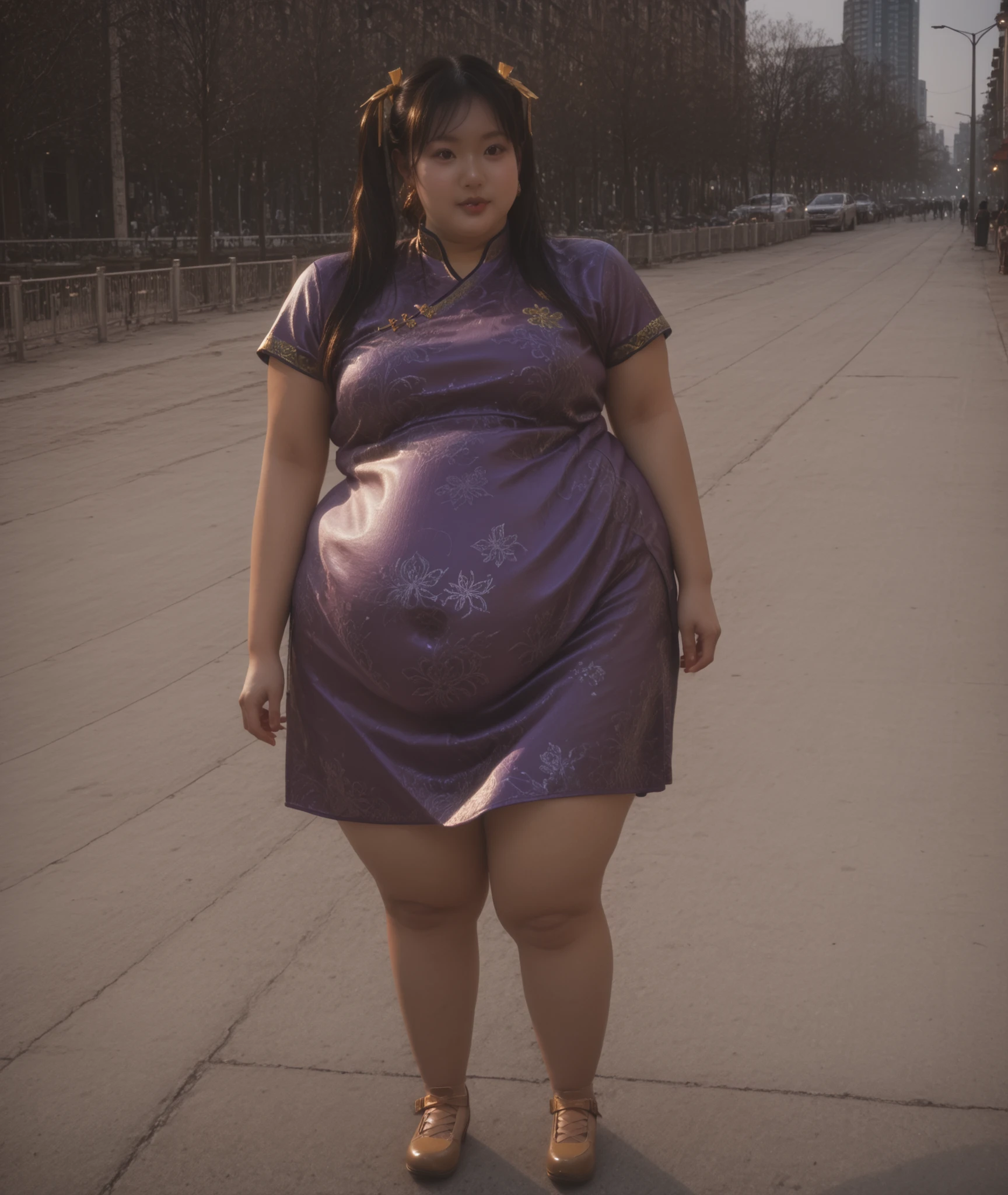 masterpiece, solo, best, quality, A full body image of a jolly Asian girl with long black hair styled in two twin tails, brown eyes and olive skin, standing outside. She is grotesquely and immensely obese with an enormous belly that looks overdue with multiples. She wears purple clothing with elements of a muumuu, cheongsam and qipao. 
