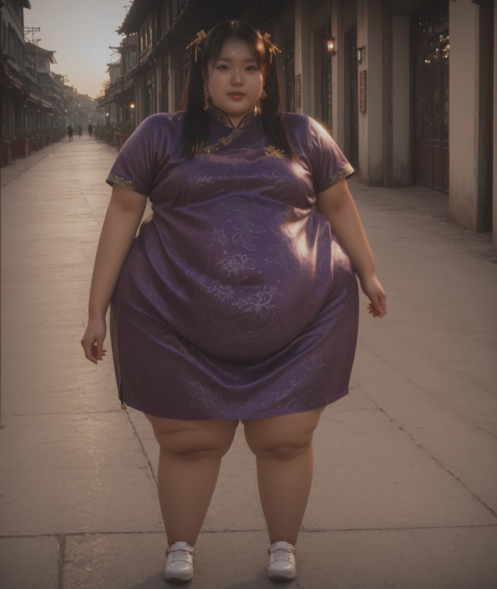 masterpiece, solo, best, quality, A full body image of a jolly Asian girl with long black hair styled in two twin tails, brown eyes and olive skin, standing outside. She is grotesquely and immensely obese with an enormous belly that looks overdue with multiples. She wears purple clothing with elements of a muumuu, cheongsam and qipao.