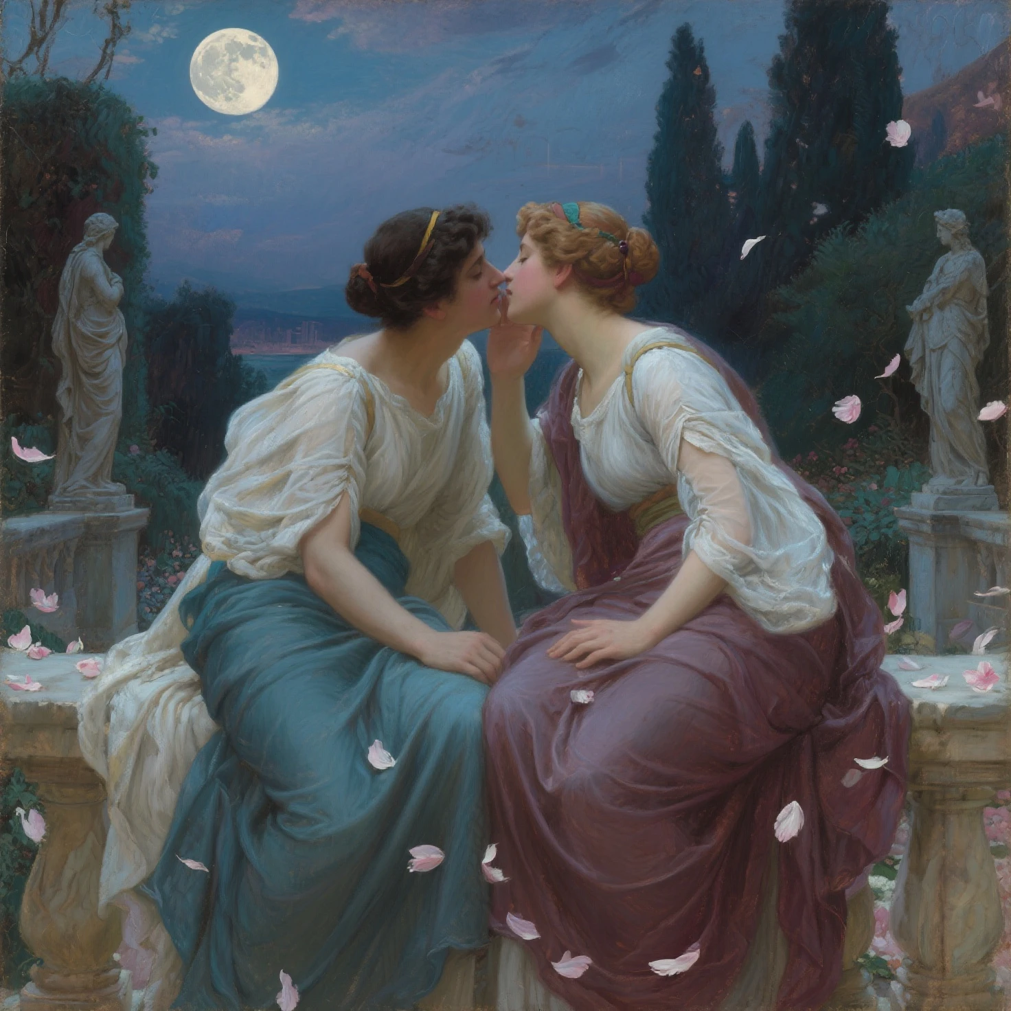 two women in lace dresses celebrate and laugh, they carry flowers, we see them between four wooden posts, moon (art inspired by Bill Sienkiewicz, intricate details, oil painting)
