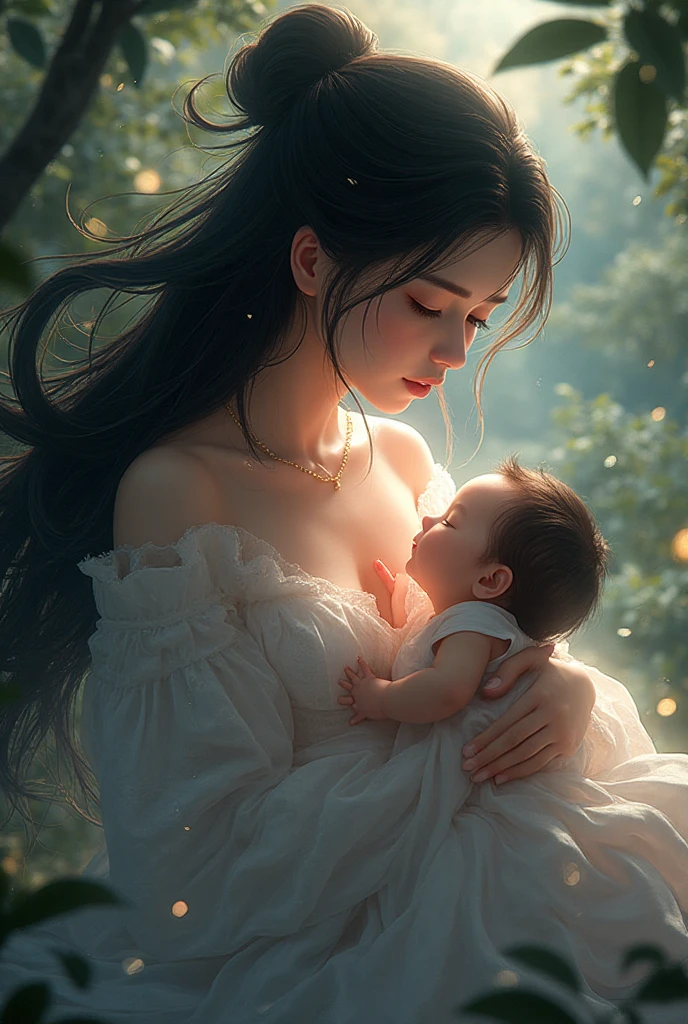 A strong slender muscular sexy knight on light armor and magic particles around her holding her 3 years old baby boy and cuddling her son very cutely full body photo 