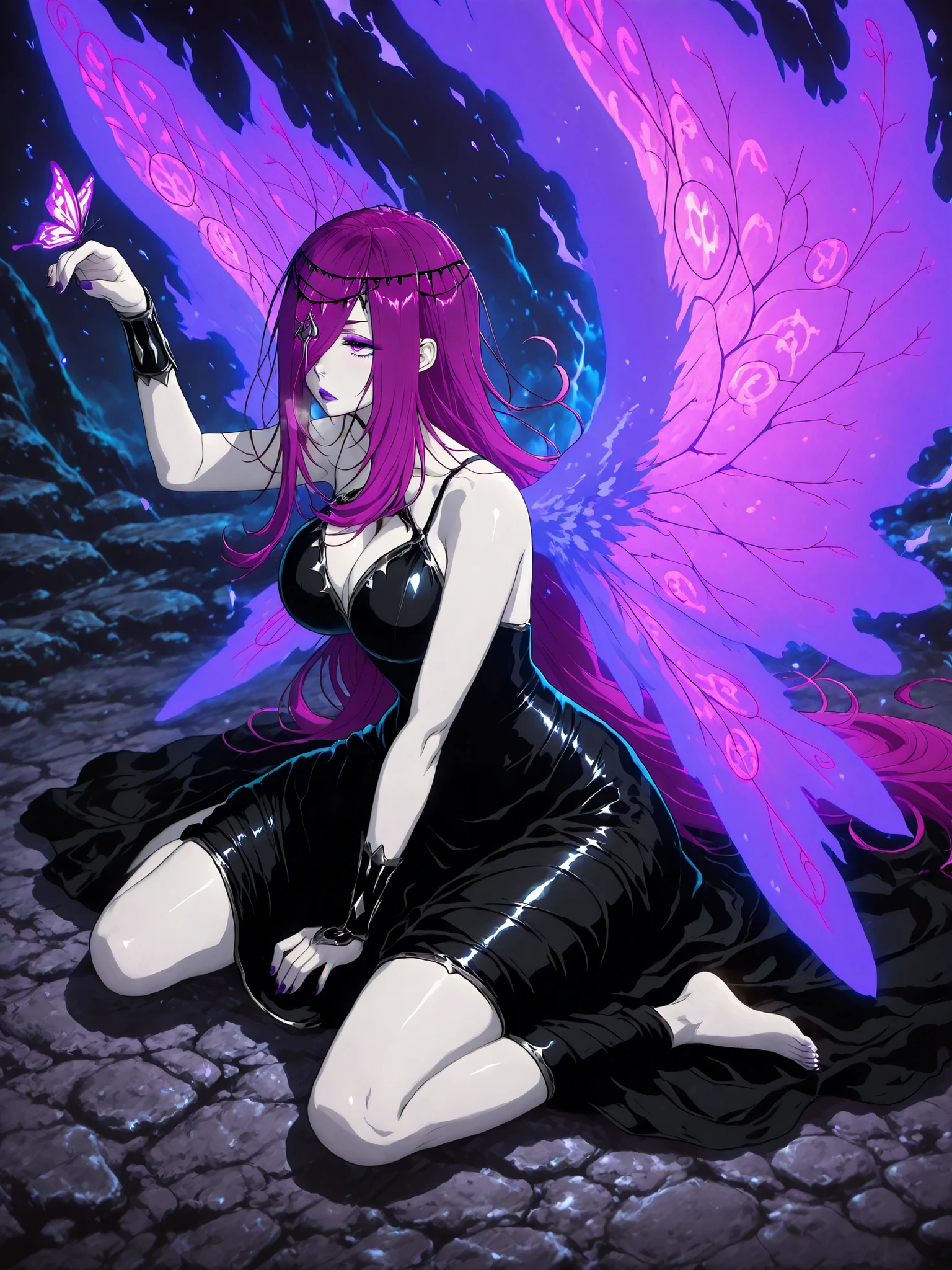 Meteor, Manhwa, L_Cation2, babu-style, Hgk, (himadera-style:1.2), (neoartcore-style:1.3), (bluecup-style:1.4), (remu_(kirieroido)-style:1.2), (gin_moku-style:1.3), ((anime coloring, anime screencap)), shiny skin, Hand drawn, cinematic, Sharp focus, humorous illustration, big depth of field,(cellulite:1.2) Masterpiece, ((cinematic, backlighting)), concept art, trending on artstation, Vivid colors, Simplified style, trending on ArtStation, trending on CGSociety, Intricate, Vibrant colors, Soft Shading, Simplistic Features, Sharp Angles, Playful, (voluptuous body:1.4), (mature female:1.4), ((anatomical correct)), perfect body, perfect eyes, perfect fingers, gasping, (glowing eyes:0.8), heavy breathing, gasping profusely, ((skindentation)), ((curvy, thigh gap)), hair over one eye, long hair, purple hair, purple eyeshadow, purple eyes, circlet, hair ornament, purple lips, (pale skin:1.3), plump, 1girl, solo, dress, bug, barefoot, wings, butterfly, black_dress, sitting, blood, wariza, breasts, cleavage, collarbone, bare_shoulders, (aura:1.4)