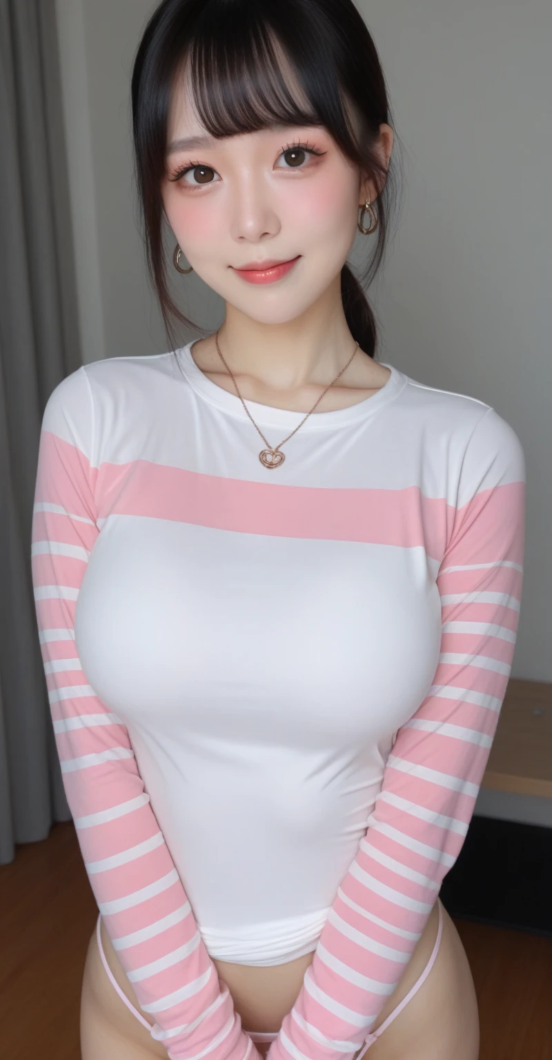 adolescent, Short shirt, sweaty hair, in a hotel bed, big breasts, Under the chest is visible, full body shot, The whole body is shown., background blur, , Movie light effects, perspiration, small t-shirt, tourists in the background, sparkling eyes, blush, shy, Red lips, Denim , tilt one'face, Previous , smile showing teeth, Comb your hair, tilt one'head, Wear high heels, beautiful hair, Very detailed face, kitten at my feet, Beautiful white skin, socks, Supermodel proportions, garter belt, 