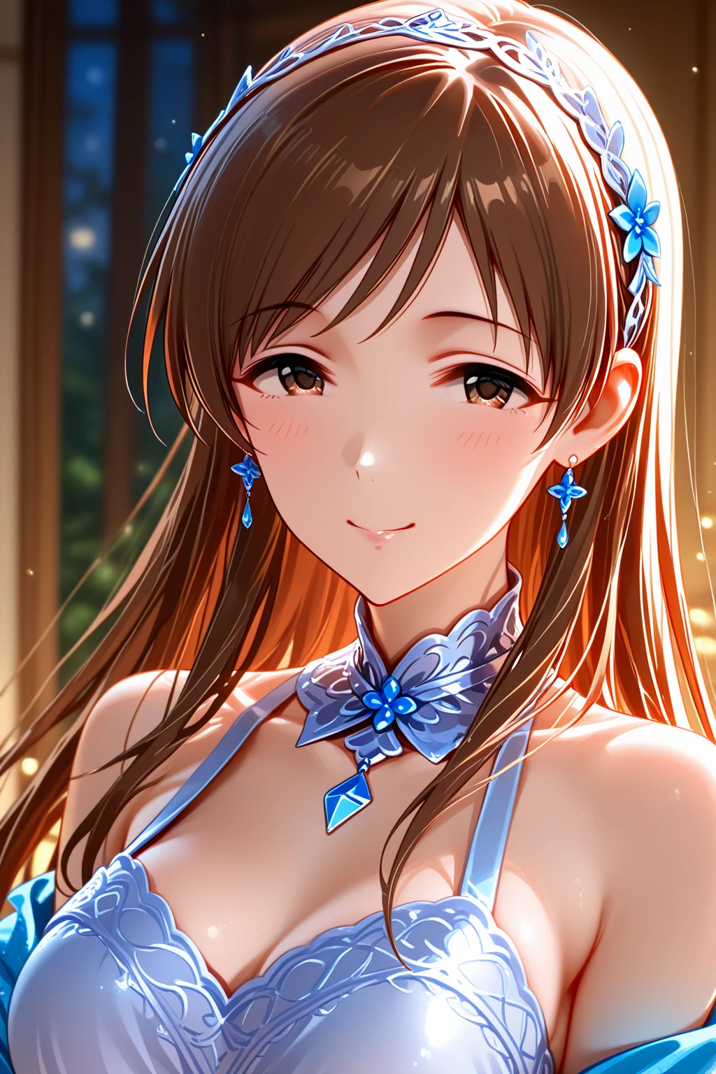 A young girl, long Brown hair, golden eyes, Summer robe, purple sleeveless top, Shorts, open abdomen, inner boob, smile, masterpiece, high-quality