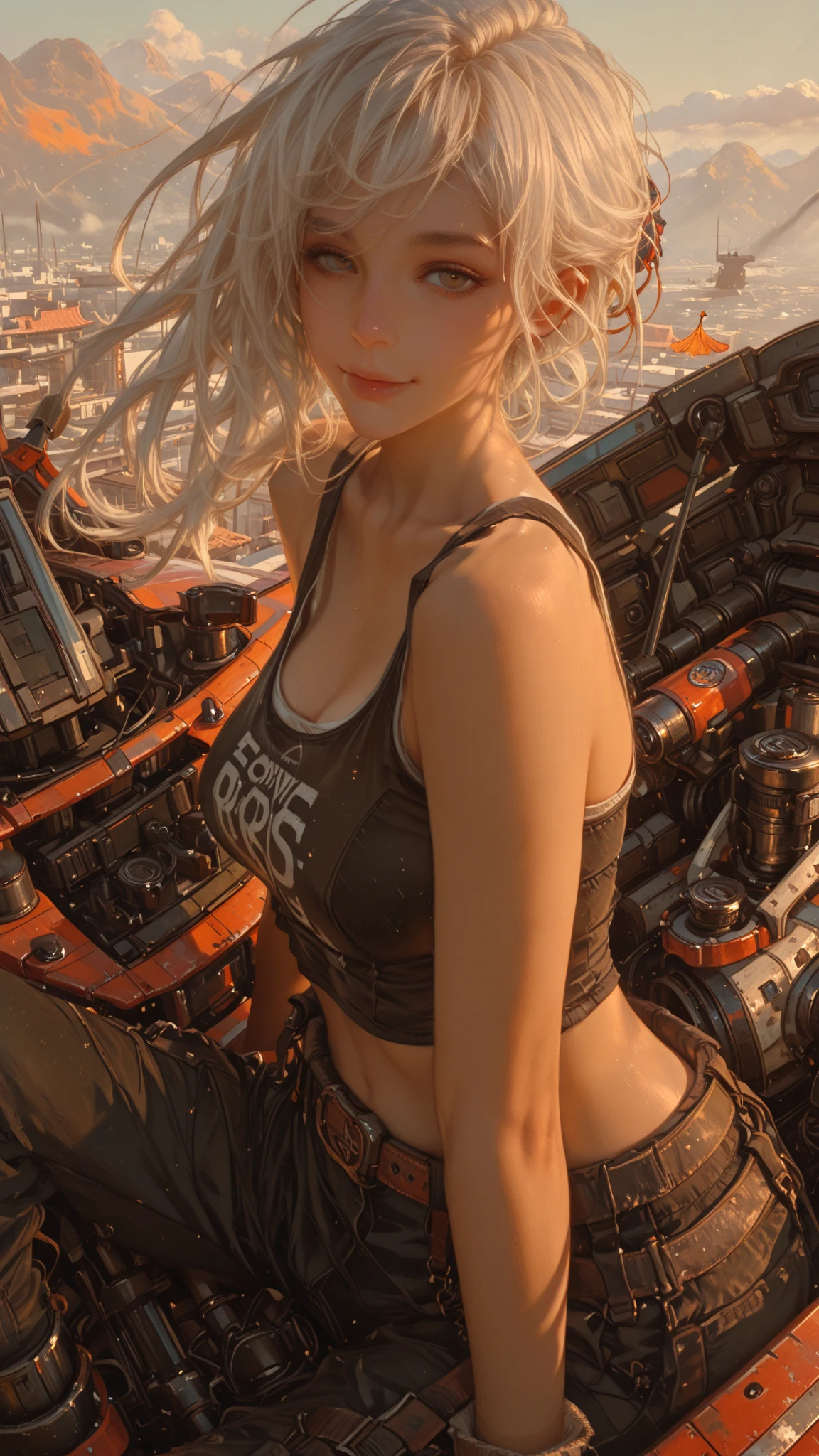 (young girl, 12 years old, blond hair, anime, pale skin), (yellow (eyes:1.2)), (slim build:1.3), beautiful face, symmetrical face, wlop and Sam Kuvshinov, (long hair), blond eyelashes, large iris, large pupil, full body, standing on the background of the cosmodrome, artstation, 8k, science fiction, pastel colors, props, panel, concept, futuristic, gribble, simon stalenhag, space, in outer space, a spaceship in the sky, technological blocks