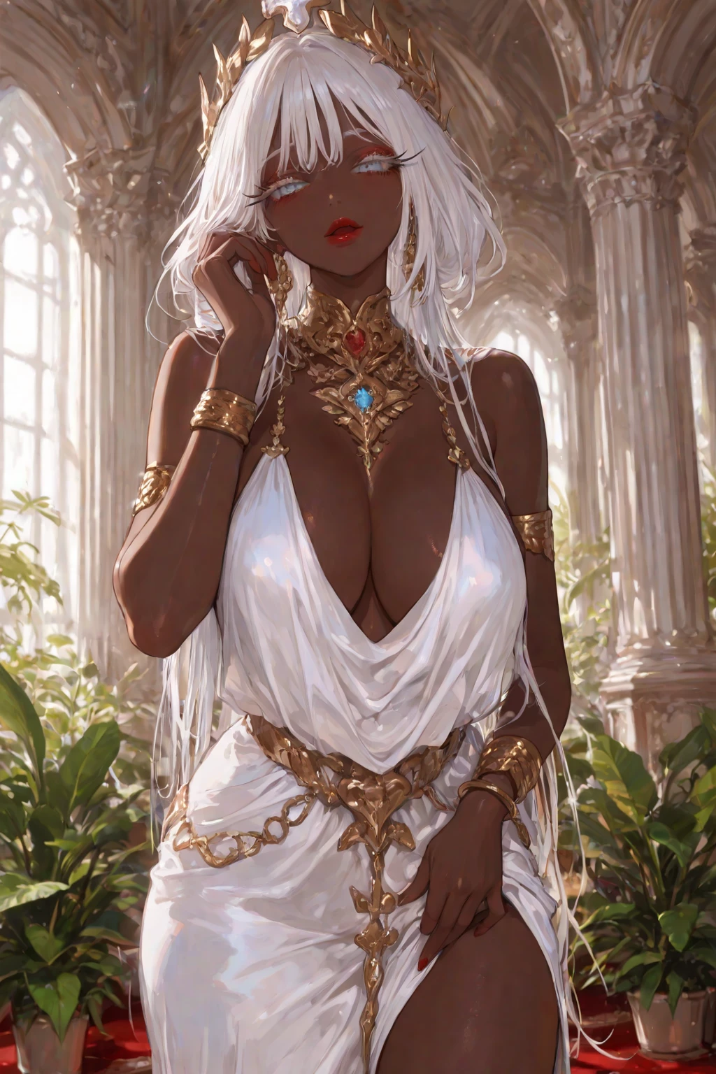 Professional photo, defined muscles, black skin, big hair, pearl necklace, girl on a realistic white bed, background of a window overlooking the sea, large white curtain, sunlight, top, white langerie, (kneeling ????????????)