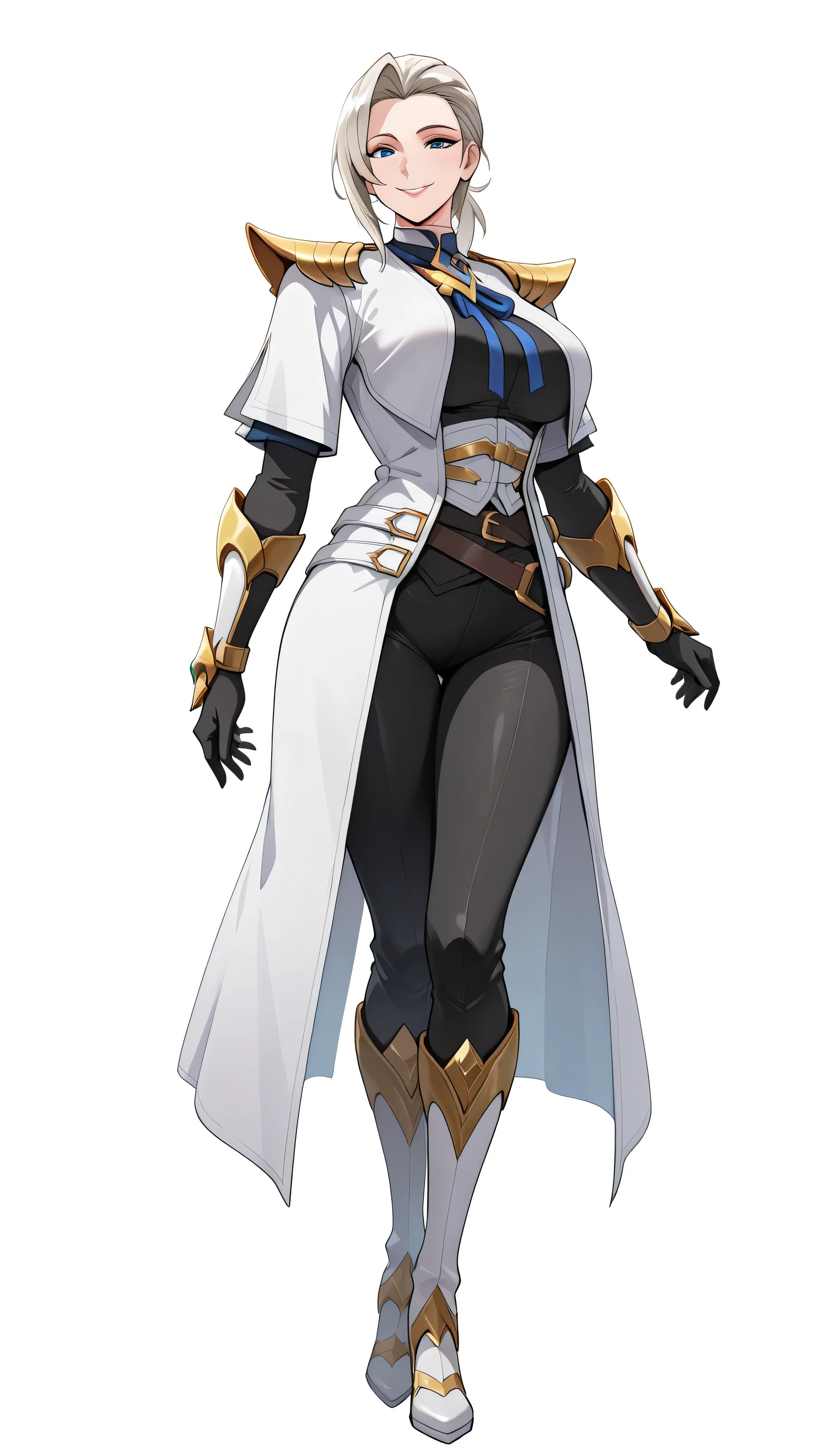 SilvanaBase, a mature woman, blue eyes, light blonde hair, long haircut, coleta de caballo, side bangs, long white gabardine coat with gold details,gold shoulder pads decorated with sharp tips, black shirt, open coat, Gloves, black sleeves with gold trim, Tight black pants, High boots with gold protections, smile, look at the spectator, White background, solo alone, full body.