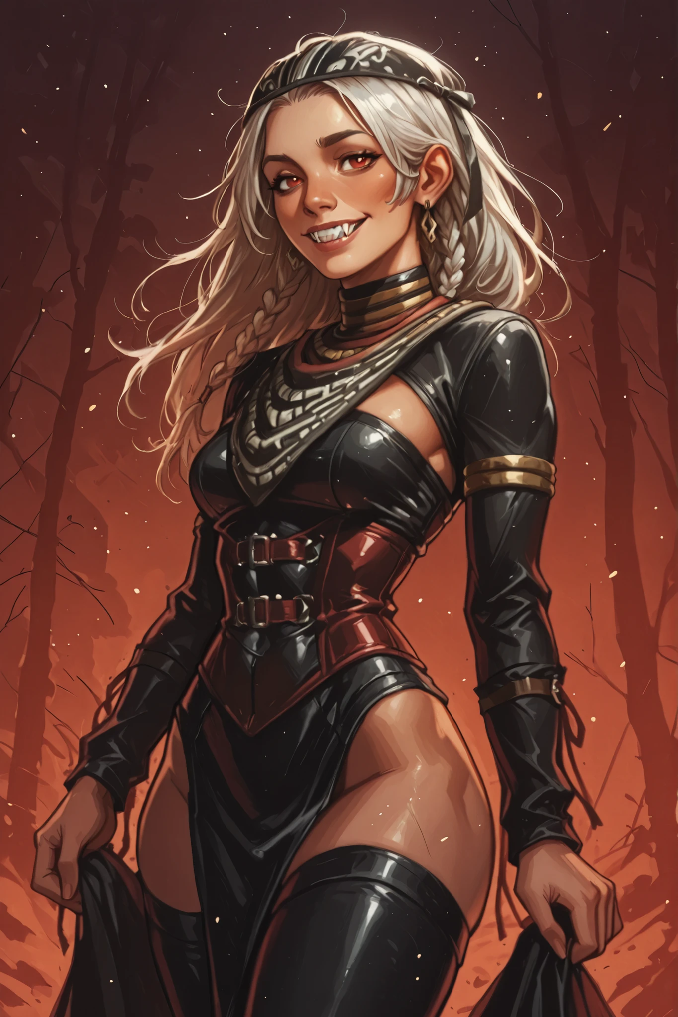 Woman looks like Annette from Castlevania Nocturne. Cute girl. Dunkle Haut. She has a horizontal scar over her nose. She has sharp teeth. pointed fangs in her mouth. your body is athletic, with muscles and abs. B-Cup. Sie hat rote, schmale, asiatische Augen, (enge Augen; asiatische Augen), A pretty, And young face and white braids. white strands. The Inca clothing made of good latex: red dress with red corset and long sleeves (Schlangenhaut-Optik), and an amber necklace. atmospheric lighting. looks at the viewer. Sie hat ein breites, uncertain smile with lots of pointed teeth. Keine Tiere im Bild. Hintergrund: aztekischer Tempel, strong lineart, hdr, hdr colours, hdr colours. Sharp. HD. Fake box art. hdr colours, oil painting, use the artstyle of Street Fighter