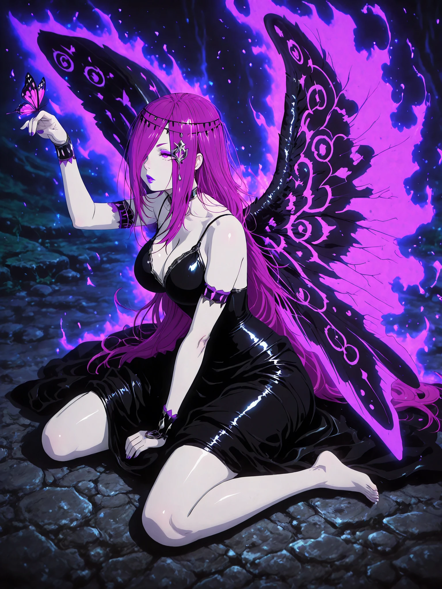 Meteor, Manhwa, L_Cation2, babu-style, Hgk, (neoartcore-style:1.2), (bouhatei_(t-back)-style:1.3), (vertigris-style:1.4), (nanja-style:1.2), (dh-zone-style:1.3), ((anime coloring, anime screencap)), shiny skin, Hand drawn, cinematic, Sharp focus, humorous illustration, big depth of field,(cellulite:1.2) Masterpiece, ((cinematic, backlighting)), concept art, trending on artstation, Vivid colors, Simplified style, trending on ArtStation, trending on CGSociety, Intricate, Vibrant colors, Soft Shading, Simplistic Features, Sharp Angles, Playful, (voluptuous body:1.4), (mature female:1.4), ((anatomical correct)), perfect body, perfect eyes, perfect fingers, gasping, (glowing eyes:0.8), heavy breathing, gasping profusely, ((skindentation)), ((curvy, narrow waist)), hair over one eye, long hair, purple hair, purple eyeshadow, purple eyes, circlet, hair ornament, purple lips, (pale skin:1.3), plump, 1girl, solo, dress, bug, barefoot, wings, butterfly, black_dress, sitting, blood, wariza, breasts, cleavage, collarbone, bare_shoulders, (aura:1.4)