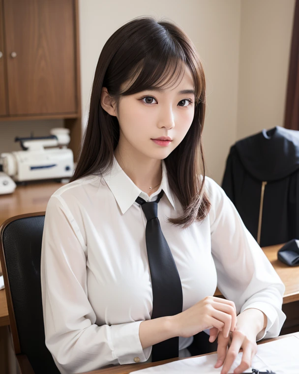 (Highest quality, 8K, masterpiece ), A 12-year-old junior high school student with a young face、 ponytail、Short Hairstyles、The eyes are large and clear、F cup large 、Black Hair、My shirt is about to tear、Glamour thighs:1.2、satin button down shirt, Highly detailed face, double eyelid, Round face:1.2、whole body、 thighs:1.2、Round face:1.3、Side angle,Diagonal horizontal angle:1.2、Pleated 、Sitting in a chair in a dark office at night with the lights out、A computer is placed in a dark office at night with the lights off.