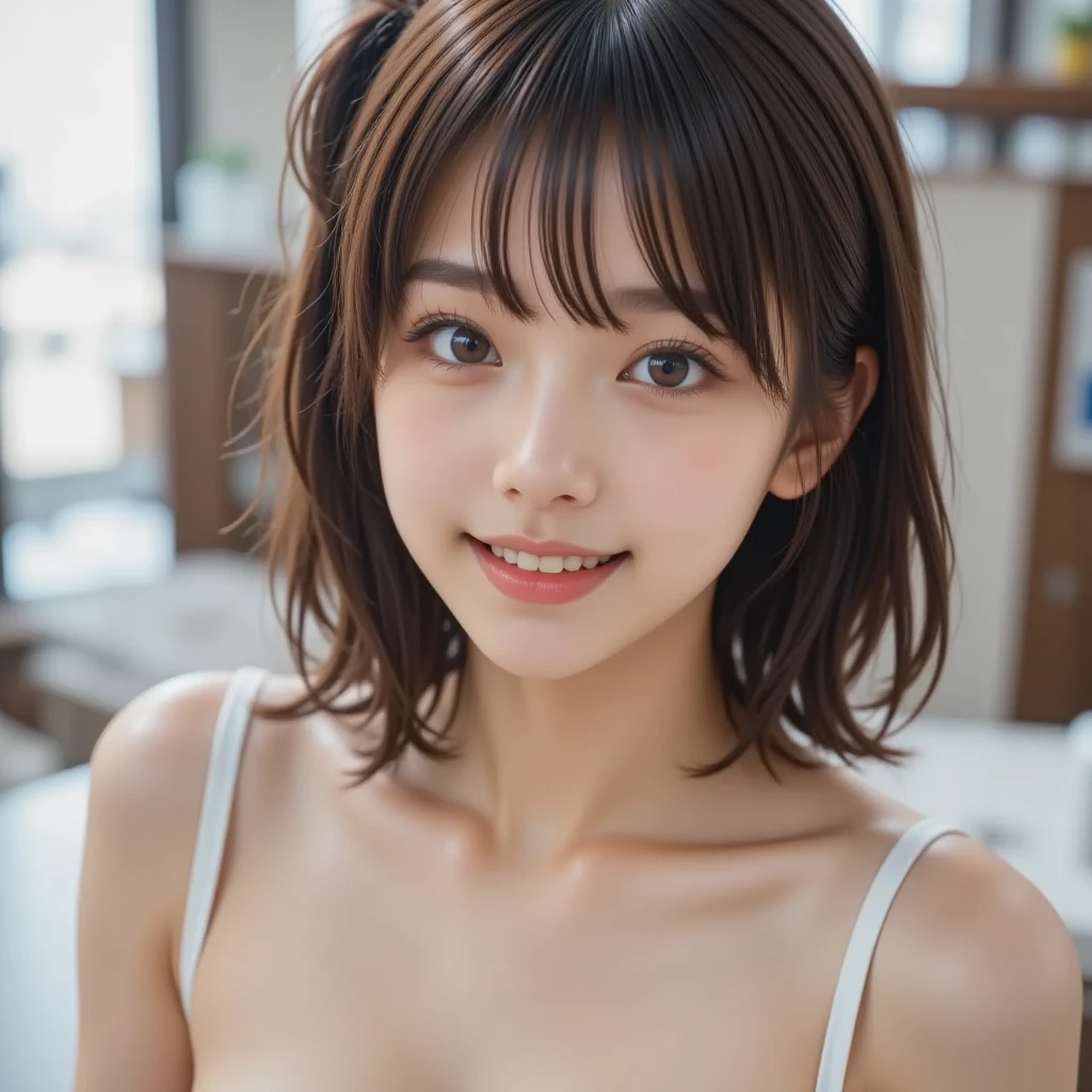 Laughter、White panties、muste piece, best quality, one girl, (beautiful girl:1.3), (16 years old:1.2), very fine definition, (symmetrical eyes:1.3), (Maid costume, (Moe transparent costume:1.3), beautiful ???????, brown eyes, parted bangs, brown hair
