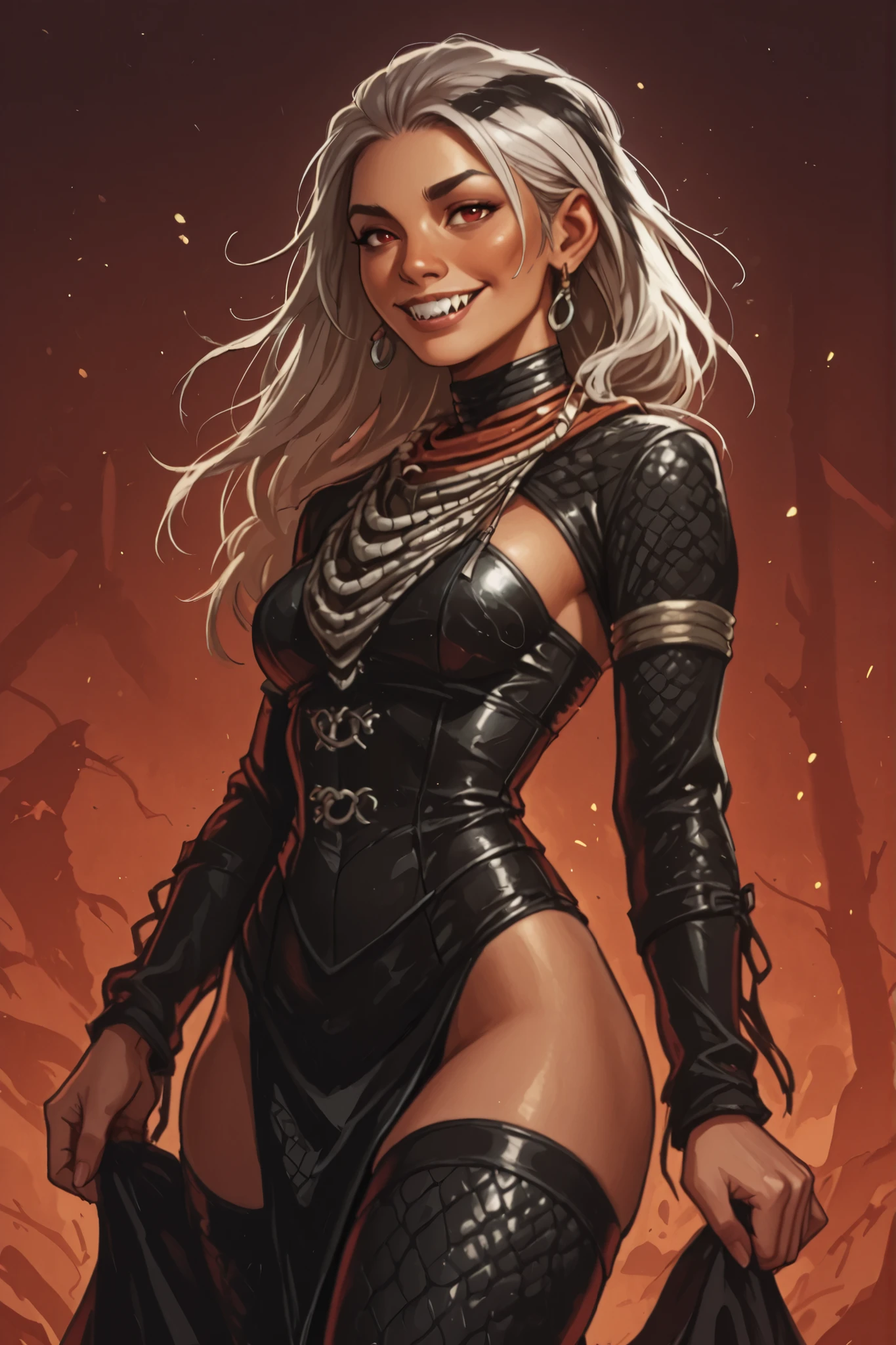 woman looks like Elena and Yuri Han from Street Fighter VI. Cute girl. Dunkle Haut. She has a horizontal scar over her nose. She has sharp teeth. pointed fangs in her mouth. your body is athletic, with muscles and abs. B-Cup. Sie hat rote, schmale, asiatische Augen, (enge Augen; asiatische Augen), A pretty, round and young face and white braids. Cute and young, full and soft face. white strands. The Inca clothing made of good latex (looks like snakeskin): pitch black dress with dark red corset with silver buckles, tall black latex stockings and long sleeves (Schlangenhaut-Optik), Goldring am Oberarm, and an amber necklace. atmospheric lighting. looks at the viewer. She has an innocent smile with lots of sharp teeth. Keine Tiere im Bild. Hintergrund: aztekischer Tempel, strong lineart, hdr, hdr colours, hdr colours. Sharp. semi-realistic. HD. Fake box art. hdr colours, use the artstyle of Street Fighter,