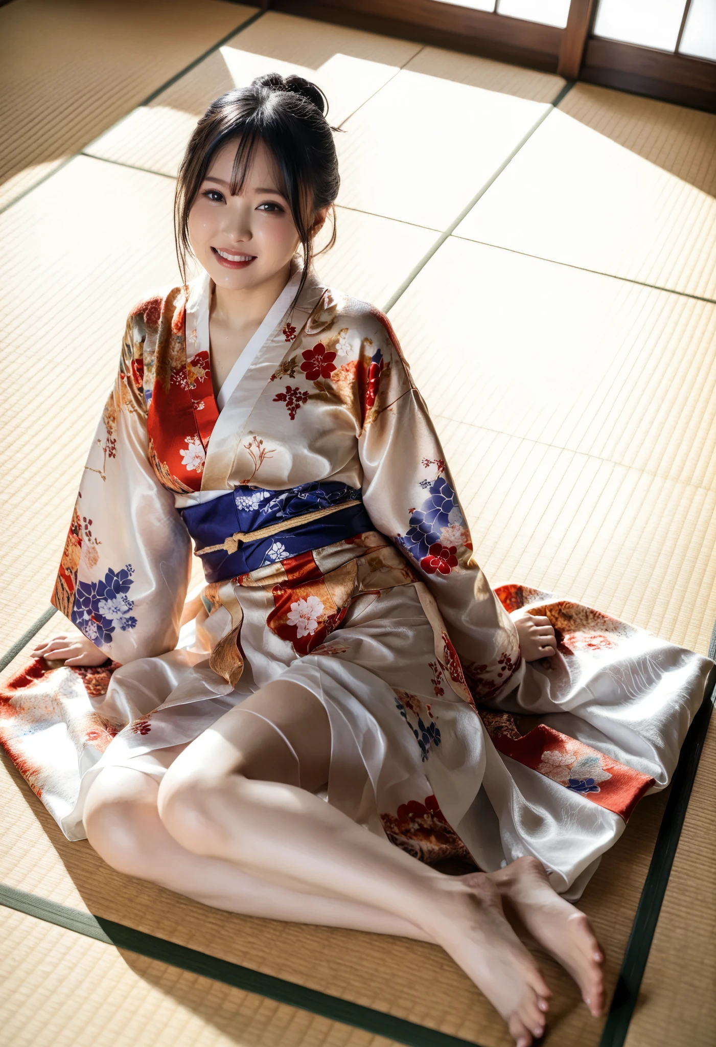 最High Quality 、High Quality 、 最High Definition、High Definition、8K quality、high image quality 、最High Quality、 masterpiece 、immersive video、 VERY REALISTIC IMAGES 、Realistic Paintings、 perfect details 、 from out of view High contrast 、High Fidelity、 perfect picture without blur、close to reality、 image faithfully reproduced down to the smallest detail、 EXQUISITE AND REALISTIC WEAPONS 、 Exquisite and realistic human skin 、 Realistic face in every detail、 Realistic eyes with attention to detail 、 Realistic lips drawn with minimal detail 、 detailed and real teeth、Real Ears、 Realistic Hair 、((Japanese Model))、((gravure idol))、((young face))、((black hair))、((medium rounded breasts))、((stylish body ))、(((Sweaty skin all over )))、((Wear a floral kimono made of transparent vinyl,Clear vinyl fits your skin perfectly))、((Wear a floral kimono made of transparent nylon,Clear nylon adheres perfectly to the skin))、((See your skin through a clear vinyl kimono))、((See your skin through a clear nylon kimono))、((Traditional Japanese room))、(((Sexy side seat on tatami mat in a Japanese-style room )))、(((Full Body Footage from Head to Toe,)))、(((view from above)))、(((angle with gym clothes sticking together)))