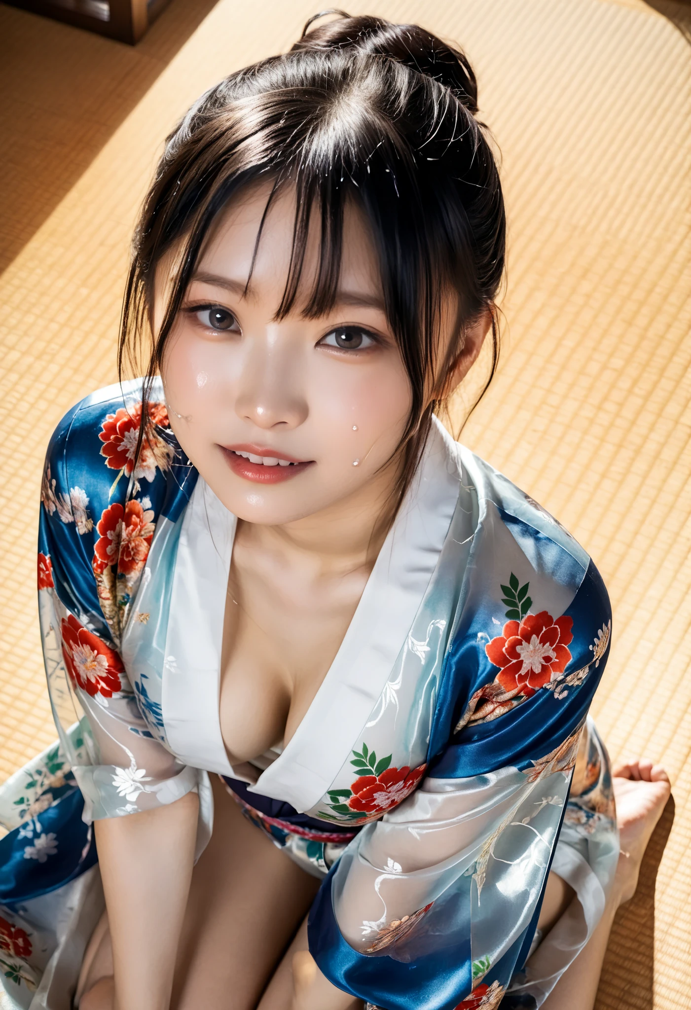 最High Quality 、High Quality 、 最High Definition、High Definition、8K quality、high image quality 、最High Quality、 masterpiece 、immersive video、 VERY REALISTIC IMAGES 、Realistic Paintings、 perfect details 、 from out of view High contrast 、High Fidelity、 perfect picture without blur、close to reality、 image faithfully reproduced down to the smallest detail、 EXQUISITE AND REALISTIC WEAPONS 、 Exquisite and realistic human skin 、 Realistic face in every detail、 Realistic eyes with attention to detail 、 Realistic lips drawn with minimal detail 、 detailed and real teeth、Real Ears、 Realistic Hair 、((Japanese Model))､((gravure idol))、((young face))、((black hair))、((medium rounded breasts))、((stylish body ))、(((Sweaty skin all over )))、((Wear a floral kimono made of transparent vinyl,Clear vinyl fits your skin perfectly))、((Wear a floral kimono made of transparent nylon,Clear nylon adheres perfectly to the skin))、((See your skin through a clear vinyl kimono))、((See your skin through a clear nylon kimono))、((Traditional Japanese room))、(((Sexy side seat on tatami mat in a Japanese-style room )))､(((Full Body Footage from Head to Toe,)))､(((view from above)))、(((angle with gym clothes sticking together)))