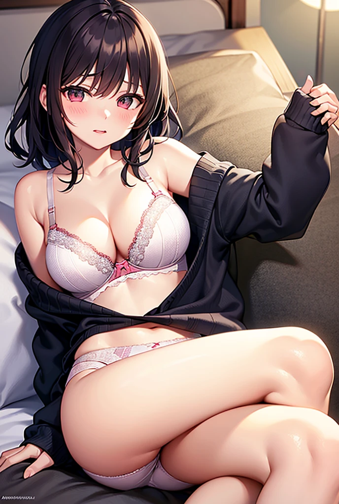 debris flies, highest quality, Highly detailed CG Unity 8K wallpaper,  witch , short hair、Dark blonde wavy hair、off shoulder knit, dark blue pleated skirt, stockings、medium , saggy , Pose that emphasizes the , blush, shy smile,  shoulders, (((、open your legs wide、please open your knees))）、、nice magic book、church bed、lying in bed、stick out your butt、Red and black panties、Red and black bra