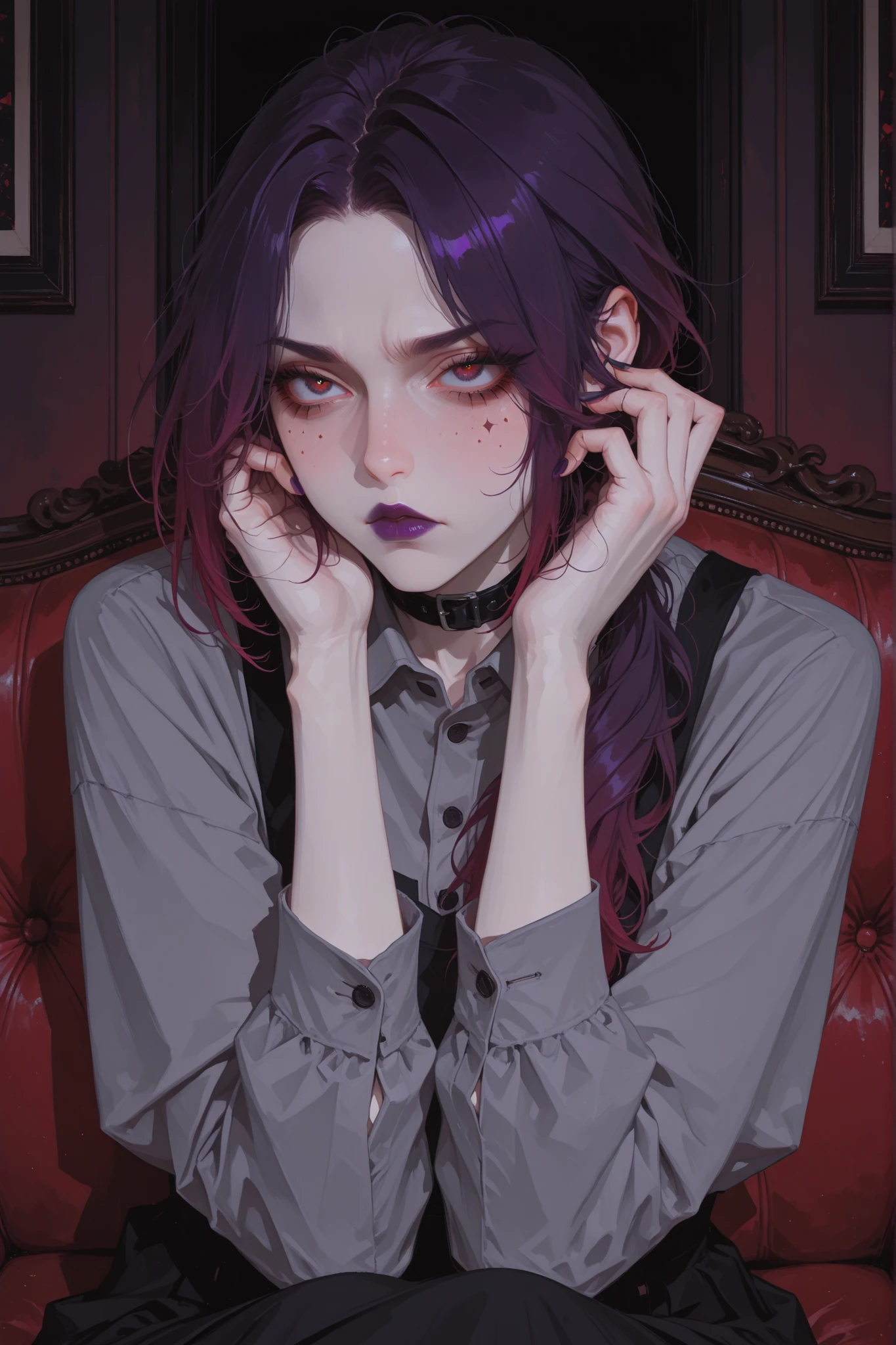 anime style, anime coloring, 8k, HDR, extremely detailed face and eyes, beautiful face and eyes, solo, beautiful, cool, masterpiece, top quality, great quality, pose, background, highres, matte colouring, flat colouring, matte skin, 1girl, young woman, dynamic hair, dynamic clothes, burgundy eyes, multicoloured hair, gradient hair, dark_purple hair, dark_red highlights, centre parted hair, low ponytail, long ponytail, sharp eyeliner, dark_purple lipstick, beauty mark above lips, offended look, pouting, hands in hair in furious panic, grey shirt with unbottoned collar, black suspender dress, black stud collar, arms crossed, stylish modern apartment, sitting on couch, modern vampire house