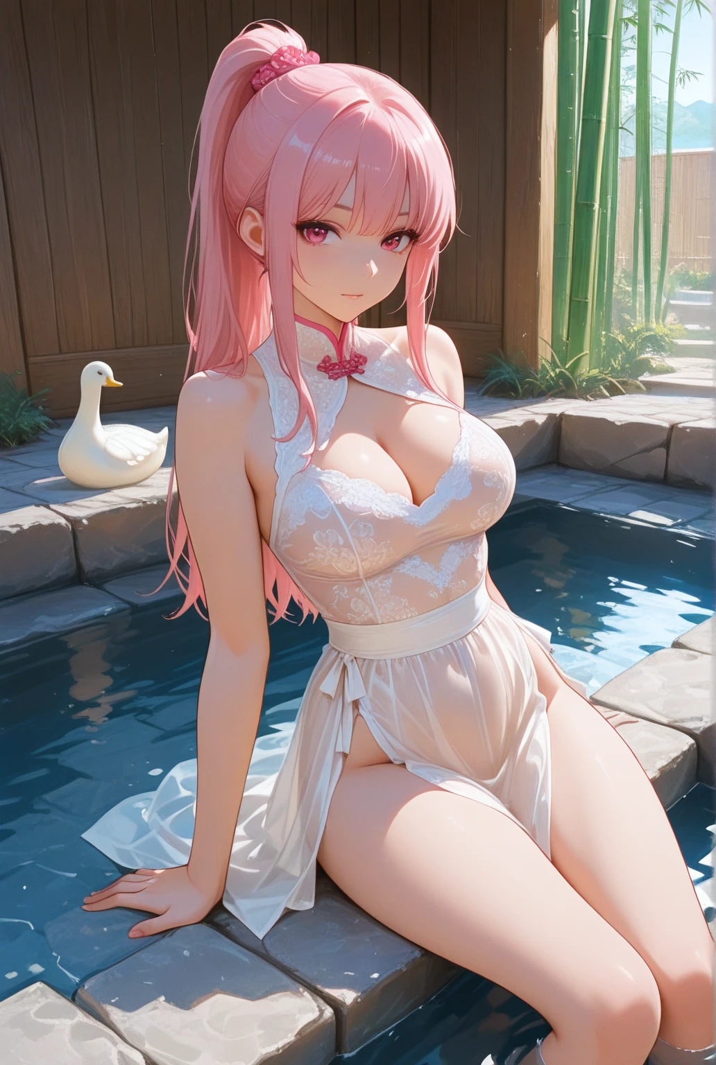masterpiece, best quality, one girl, ??????????? ,wearing transparent wet white dress, long pink hair, seductive