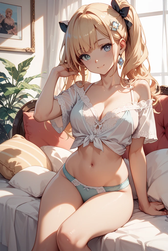 masterpiece), (highest quality), (illustration), (super detailed), (high resolution), absurdity, 1girl,kagamine len,vocaloid,long hair,wavy hair,ponytail,criss-cross halter,black striped bikini,long hair,hair flower,blush,beachyokozuwari,looking at viewer,bare feet,blush,shy smile,spoken heart