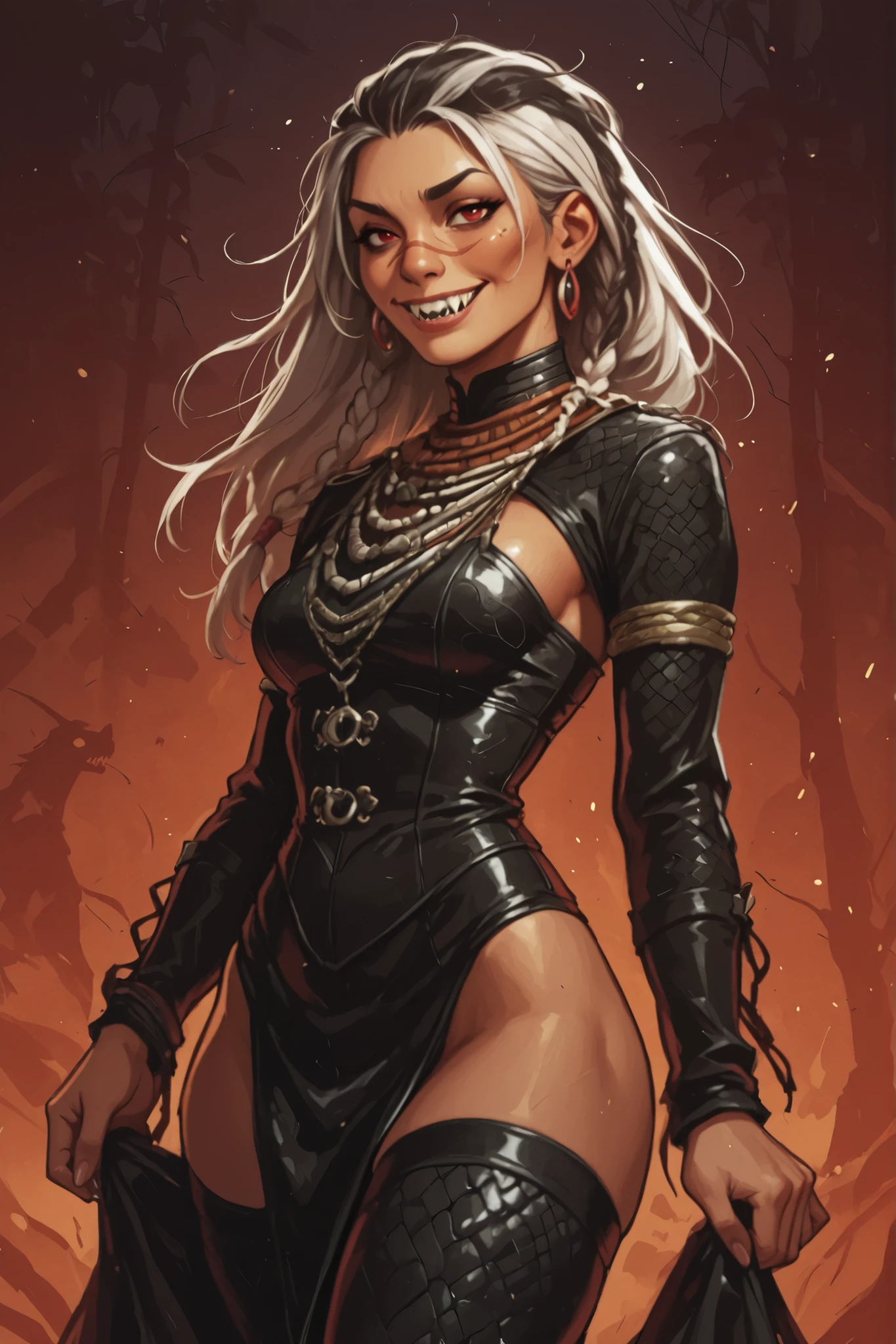 woman looks like Elena and Yuri Han from Street Fighter VI. Cute girl. Dunkle Haut. She has a horizontal scar over her nose. She has sharp teeth. pointed fangs in her mouth. your body is athletic, with muscles and abs. B-Cup. Sie hat rote, schmale, asiatische Augen, (enge Augen; asiatische Augen), A pretty, round and young face and white braids. Cute and young, full and soft face. white strands. The Inca clothing made of good leather (looks like snakeskin): pitch black dress with dark red corset with silver buckles, tall black latex stockings and long sleeves (Schlangenhaut-Optik), Goldring am Oberarm, and an amber necklace. atmospheric lighting. looks at the viewer. She has an innocent smile with lots of sharp teeth. Keine Tiere im Bild. Hintergrund: aztekischer Tempel, strong lineart, hdr, hdr colours, hdr colours. Sharp. HD. Fake box art. hdr colours, use the artstyle of Street Fighter,