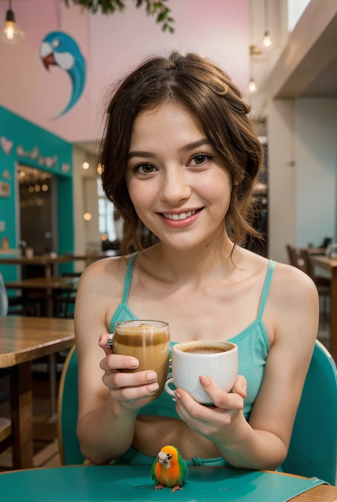 Photo of a 24-year-old brunette woman, who has a very natural Golden Ratio face, thin lips with a cute smile, thin eyes with little blue, thin eyebrows, a thin nose, and long eyelashes. She takes a cute selfie in a cafe, a woman with long brown hair and a pink strawberry layered dress, a beautiful female model, a photo of a beautiful woman, a beautiful young woman, a beautiful young girl, a beautiful model girl, a gorgeous young model, very beautiful young woman, beautiful girl model, portrait of a beautiful model, beautiful portrait photo, young beautiful woman, beautiful model, a beautiful young woman, She makes a cute selfie in a cafe, no one in background