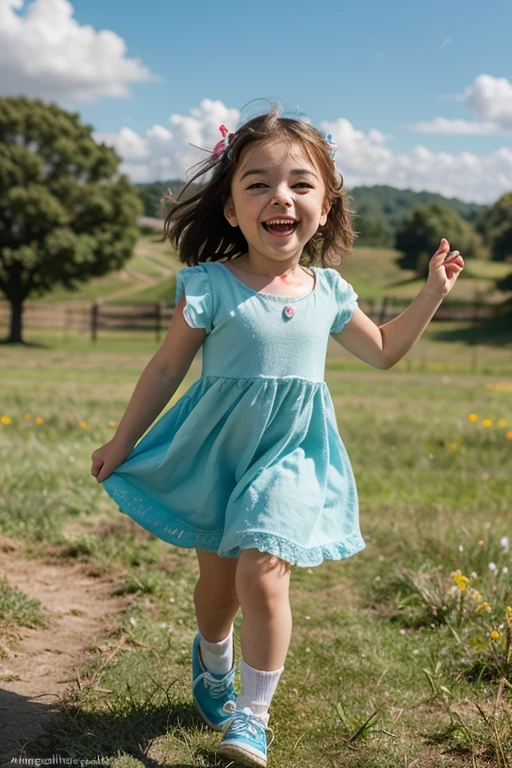 (girl, Twin Tails), A girl in the sunshine, wearing a dress and a pair of ponytails, is happily chasing flying butterflies in the bright sunshine. Her smiling face is filled with happiness, and the camera is taken of her whole body. The background is a fresh natural scenery, full body, (Photography, Raw photo), panoramic view, award-winning, cinematic still, emotional, vignette, dynamic, vivid, (masterpiece, best quality, Professional, perfect composition, very aesthetic, absurdres, ultra-detailed, intricate details:1.3)