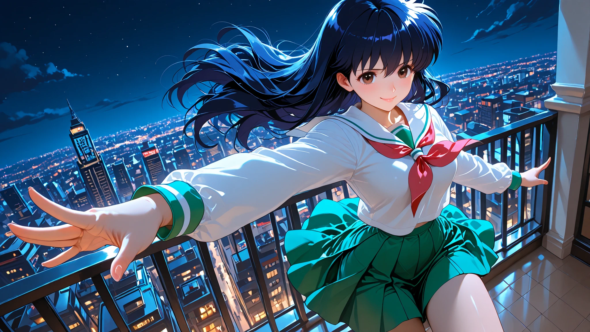 Higurashi kagome, city, smile, dynamic pose, night, brown eyes, breeze