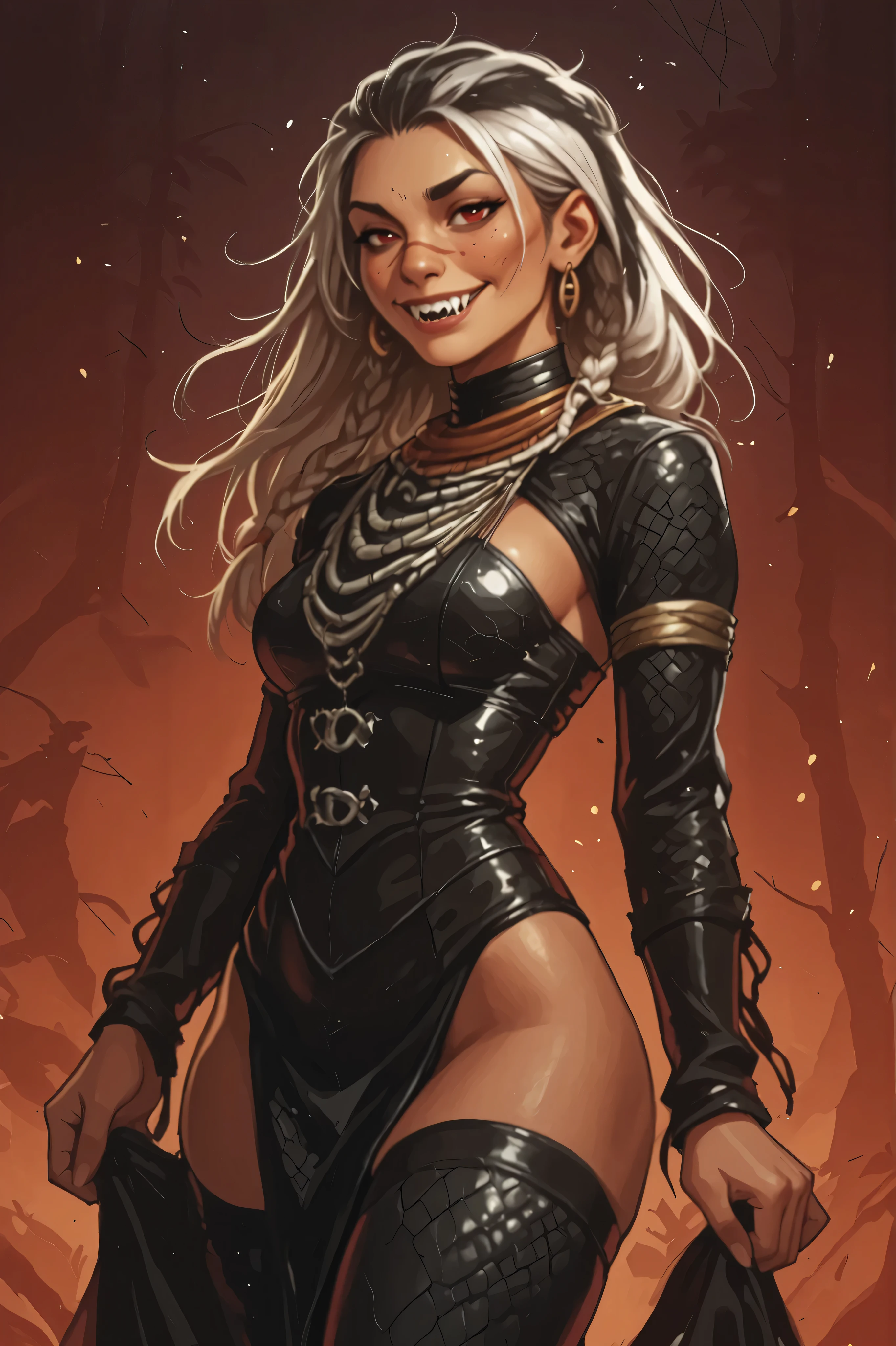 woman looks like Elena and Yuri Han from Street Fighter VI. Cute girl. Dunkle Haut. She has a horizontal scar over her nose. She has sharp teeth. pointed fangs in her mouth. your body is athletic, with muscles and abs. B-Cup. Sie hat rote, schmale, asiatische Augen, (enge Augen; asiatische Augen), A pretty, round and young face and white braids. Cute and young, full and soft face. white strands. The Inca clothing made of good leather (looks like snakeskin): pitch black dress with dark red corset with silver buckles, tall black latex stockings and long sleeves (Schlangenhaut-Optik), Goldring am Oberarm, and an amber necklace. atmospheric lighting. looks at the viewer. She has an innocent smile with lots of sharp teeth. Keine Tiere im Bild. Hintergrund: aztekischer Tempel, strong lineart, hdr, hdr colours, hdr colours. Sharp. HD. Fake box art. hdr colours, use the artstyle of Street Fighter, uhd