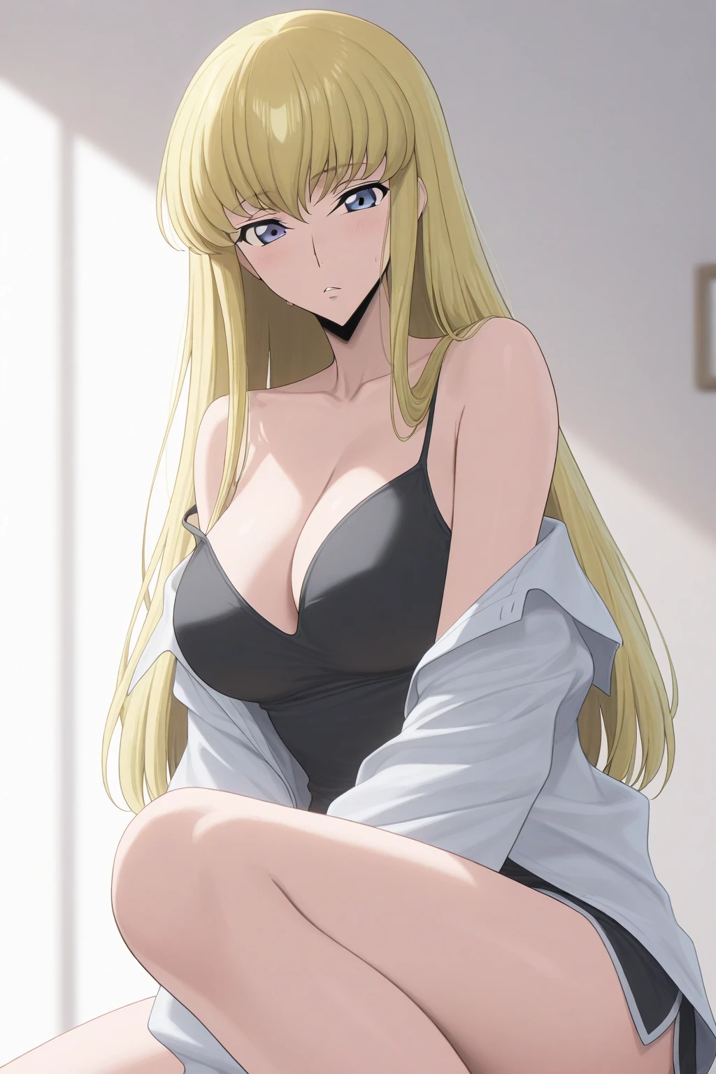 YukiTsukumo, 1girl, AS-Adult, blonde, long hair, female focus, solo, facing viewer, (), perky , cleavage, shining , black lace bra, black lace panties, black lingerie, sitting, on her knees