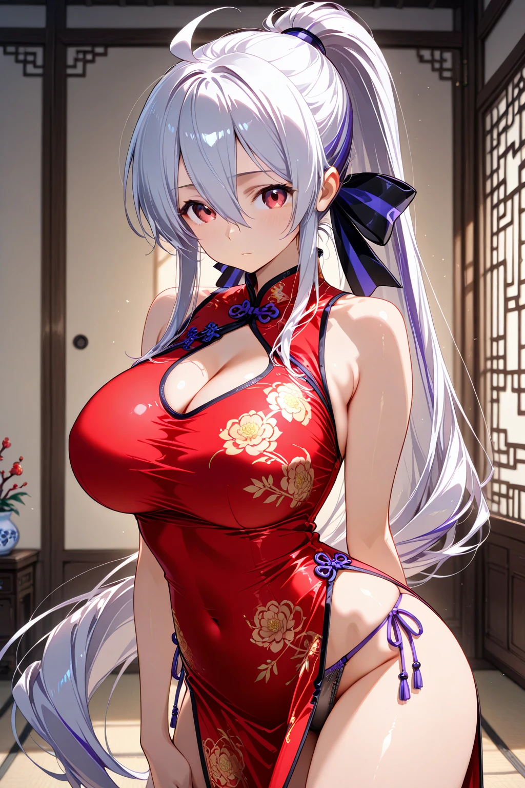 masterpiece, best quality, high_resolution, fine details, very detailed and beautiful, distinct_image, 1 girl, solo, silver-haired, red eyes, dragon horns, (????????????), (),shrine,squatting,arms behind head,, {???????????}, bow-leggedness, Crab ??????,curvy, outdoor,long slit,blue sky,((miko costume)),