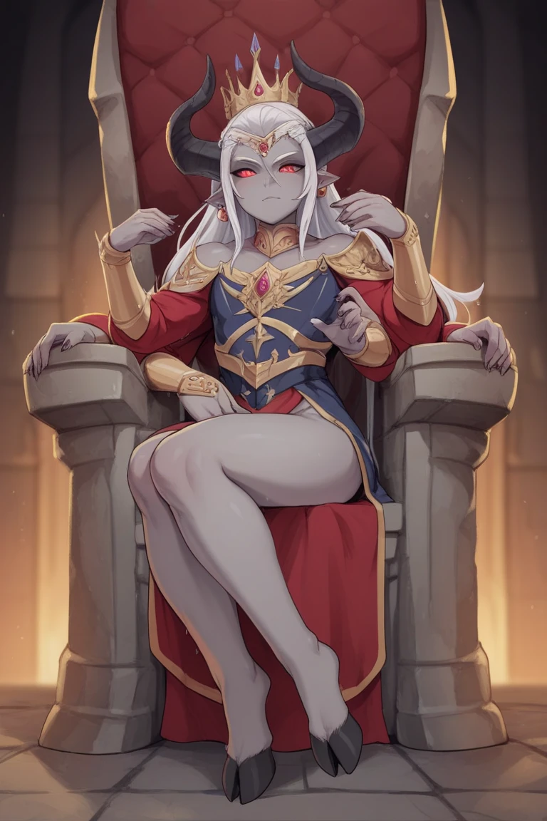 ((1 woman with ,  )),((with a cape on the back, with crown))),((medium breasts,  breasts,  breasts, grasping breasts)),((short white hair)), ((red eyes, gelis, talking to the stalker)),((sitting on a golden throne, sitting on his back, opening wide open in the shape of an m with an   in the middle of his legs)),((in an evil haunted castle, at night )),((1 arm behind the back)),