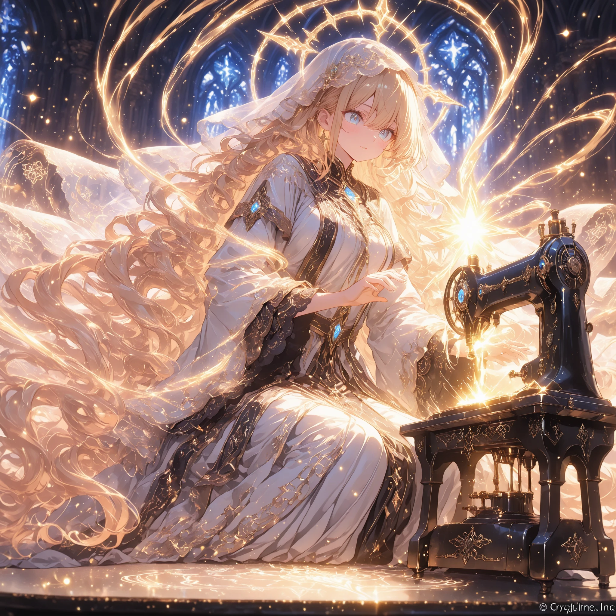 (masterpiece:1.3), anime style, finest trait, ultra detailed, best quality newest, 1girl, goddess Soul Tailor, extremely long flowing wavy golden hair, crystalline light blue eyes, dynamic action pose, sitting front and center at a magical divine sewing machine and sawing a very long wavy divine glowing fabric, ethereal threads glowing with memories and emotions, weaving new garments for shattered souls, enchanted fabric and otherworldly materials, sparkling aura, radiant celestial lighting, intricate embroidery details, luminous particles in the air, ornate worktable, mystical artifacts, spellbinding scene, soft mist, storytelling composition, turbo enhancement quality, high definition, fantasy setting, (turbo enhanement quality to extreme).