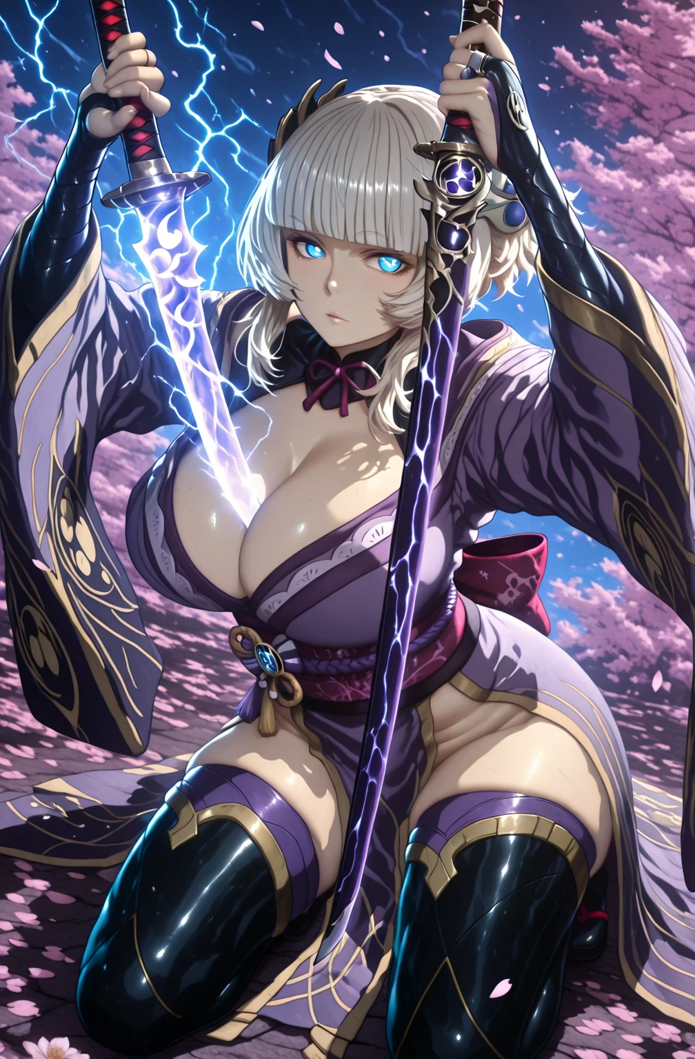 Meteor, Manhwa, L_Cation2, babu-style, Hgk, (aelion draws-style:1.2), (neoartcore-style:1.3), (bluecup-style:1.4), (remu_(kirieroido)-style:1.2), (gin_moku-style:1.3), ((anime coloring, anime screencap)), shiny skin, Hand drawn, cinematic, Sharp focus, humorous illustration, big depth of field,(cellulite:1.2) Masterpiece, ((cinematic, backlighting)), concept art, trending on artstation, Vivid colors, Simplified style, trending on ArtStation, trending on CGSociety, Intricate, Vibrant colors, Soft Shading, Simplistic Features, Sharp Angles, Playful, (voluptuous body:1.4), (mature female:1.4), ((anatomical correct)), perfect body, perfect eyes, perfect fingers, gasping, (glowing eyes:0.8), heavy breathing, gasping profusely, ((skindentation)), ((curvy, thigh gap)),, meteora osterreich, white hair, short hair, blunt bangs, hair ornament, blue eyes, bright pupils, plump, cosplay, 1girl, cosplay, raiden_shogun_\(cosplay\), breasts, solo, weapon, human_scabbard, sword, long_hair, thighhighs, looking_at_viewer, japanese_clothes, kimono, cleavage, bridal_gauntlets, musou_isshin_(genshin_impact), electricity, holding, holding_weapon, purple_kimono, obi, wide_sleeves, holding_sword, sash, drawing_sword, kneeling, between_breasts, thighs, long_sleeves, flower, katana, shrug_(clothing), petals, closed_mouth