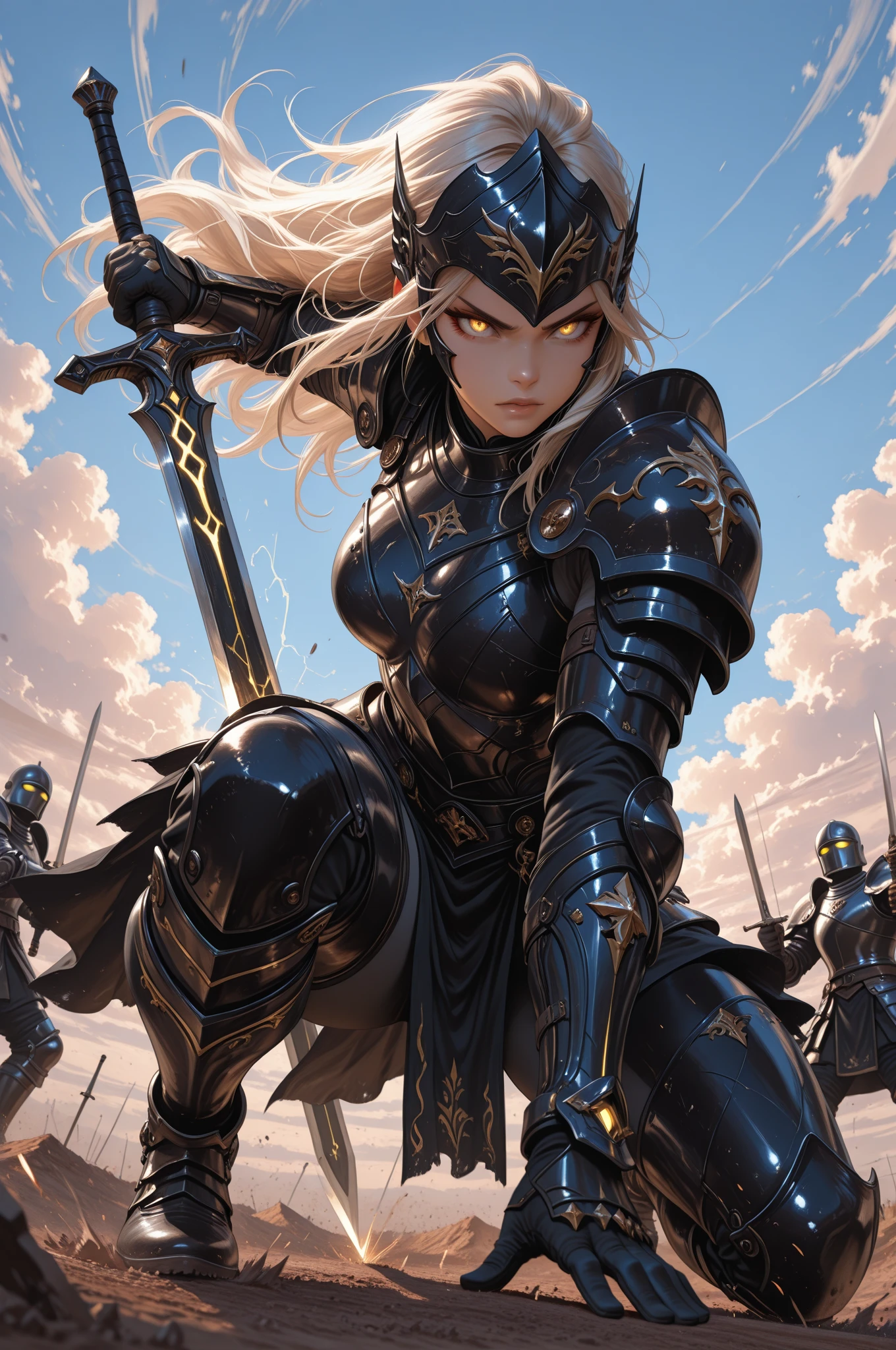 1 Girl, Gray Pupil, Textured Skin, Flowing Clouds, Epic Weapon Spear, and Scene, Floating Hair, Metal Headdress, Surrounding Enemies, Fight Action, Riding a White Horse, Rage, Upper Body, Looking at the Audience, Best Quality, 32k